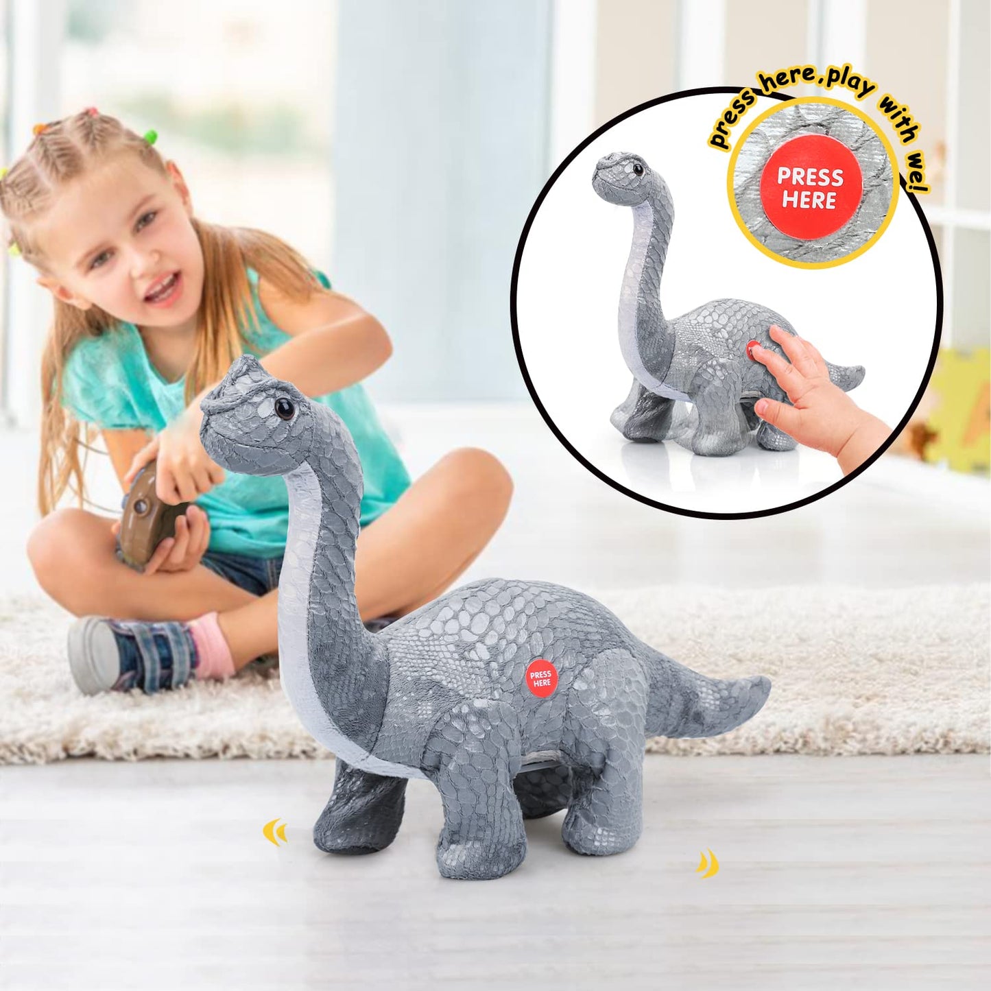 TOY Life Remote Control Dinosaurs - Walking Electronic, Plush Brontosaurus & Stuffed Animal - RC Dinosaur Gift for Kids 3-7+