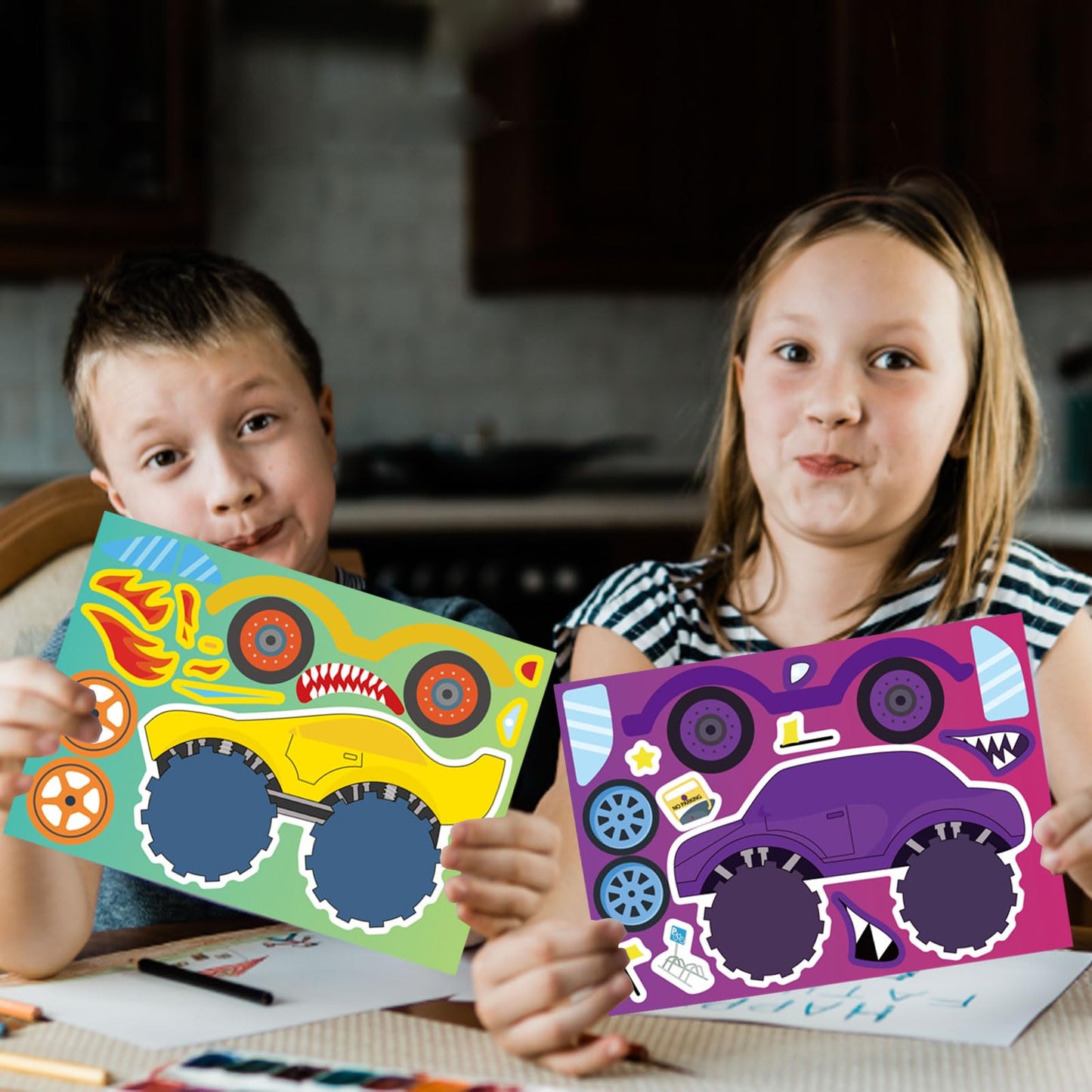 24 Sheets Monster Truck Sticker, Monster Truck Party Favor, Make Your Own Stickers Cartoon Car Make-a-face Stickers Classroom Activities Birthday Gift for Girls Boys