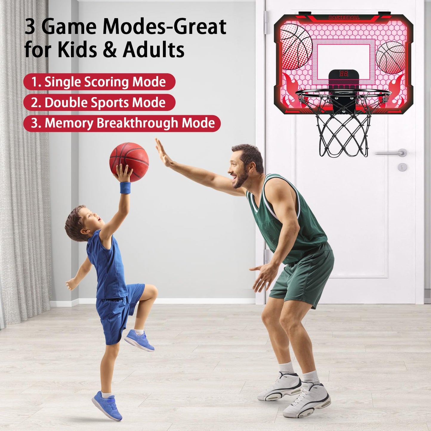 VROGTIK Indoor Basketball Hoop for Kids with Led Lights Mini Basketball Hoop with Remote Control Over The Door Basketball Hoops with Scoreboard Basketball Toys for 4-12 Year Old Boys Girls