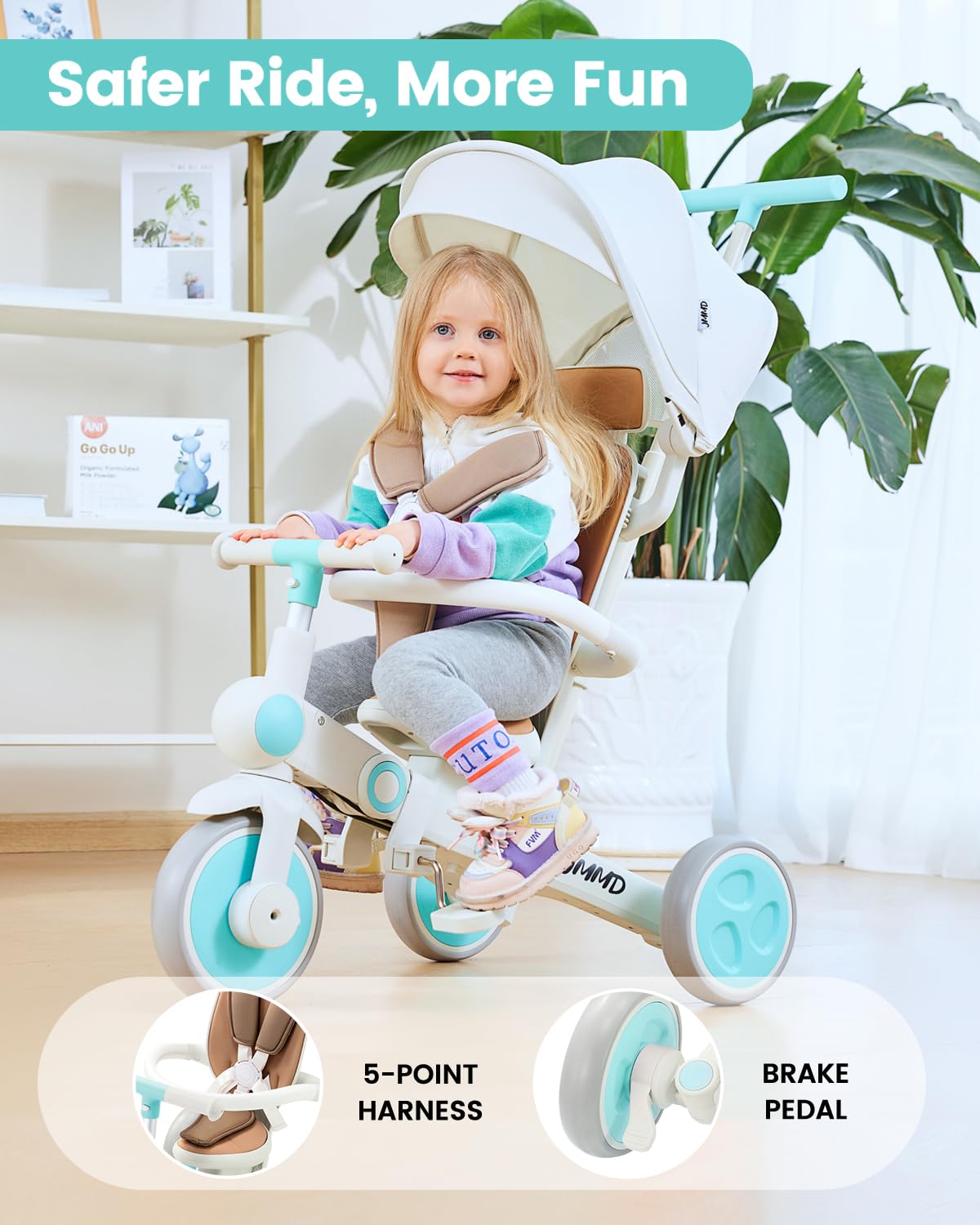 JMMD Baby Tricycle, 7-in-1 Multifunctional Kids Trike with Adjustable Parent Handle, Safety Harness & Wheel Brakes, Removable Canopy, Stroll Trike for Boys & Girls Ages 18 Months-5 Years, Mint