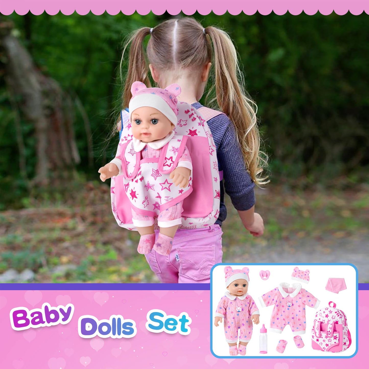 BDDOLL 12" Baby Doll in Gift Box with Pink Backpack, Cloths, Feeding Bottle and Pacifier, First Baby Dolls for Toddlers 3 Years and Up