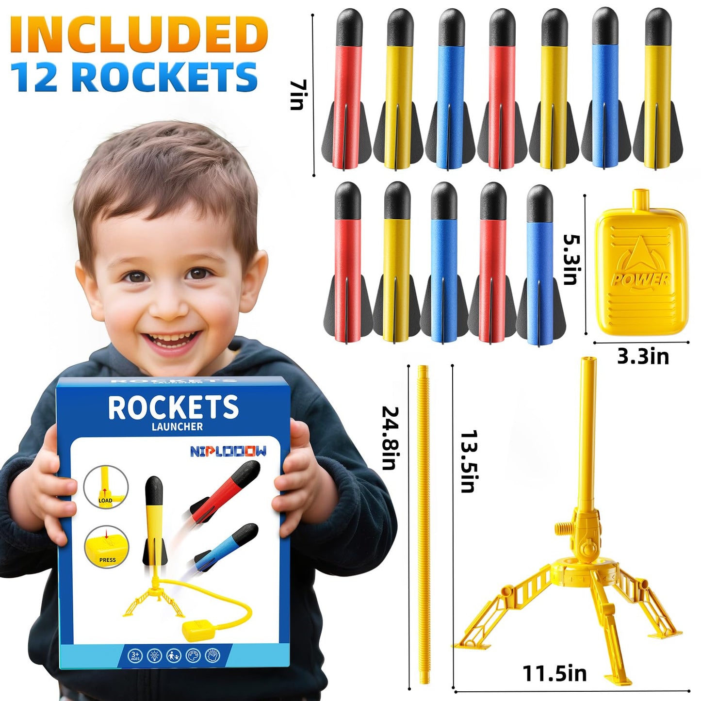 NIPLOOOW Rocket Launcher for Kids, 12 Foam Rockets, Launch up to 100+ft, Outdoor Outside Backyard Toys for Boys & Girls, Birthday Gift Toys for Kids Boys Girls Age 3 4 5 6 7 8 Years Old