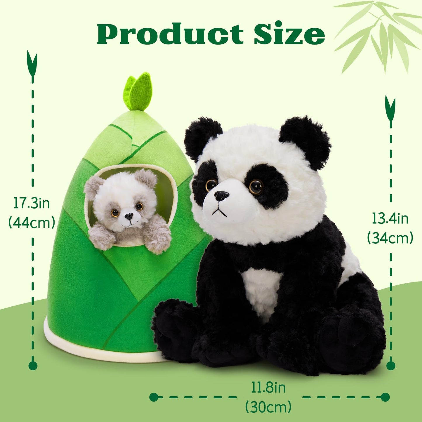 Tezituor 5-in-1 Panda Stuffed Animal Set with Bamboo Hut, Realistic Big Panda Plush Toy with 3 Babies, Birthday Gift Nursery Decor for Kids, Girls, Boys