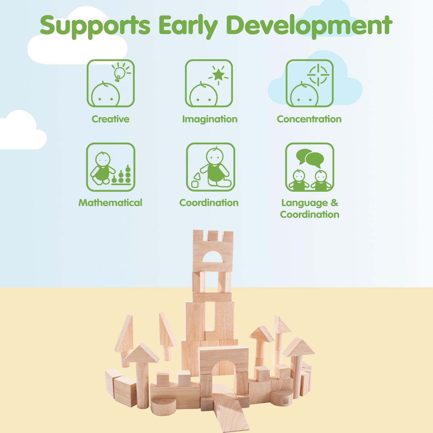 PlanToys Wooden 50 Piece Unit Block (35 mm) Building Set (5502) | Sustainably Made from Rubberwood and Non-Toxic Paints and Dyes | PlanNatural Classic Wooden Toy Collection