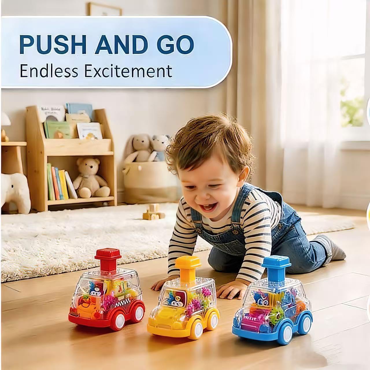 Toy Cars for Toddlers 1-3, 3 Pack Transparent Gear Press and Go Friction Powered Cars, No Battery Push Go Baby Car for 1 Year Old Boys Girls, First Birthday Gift
