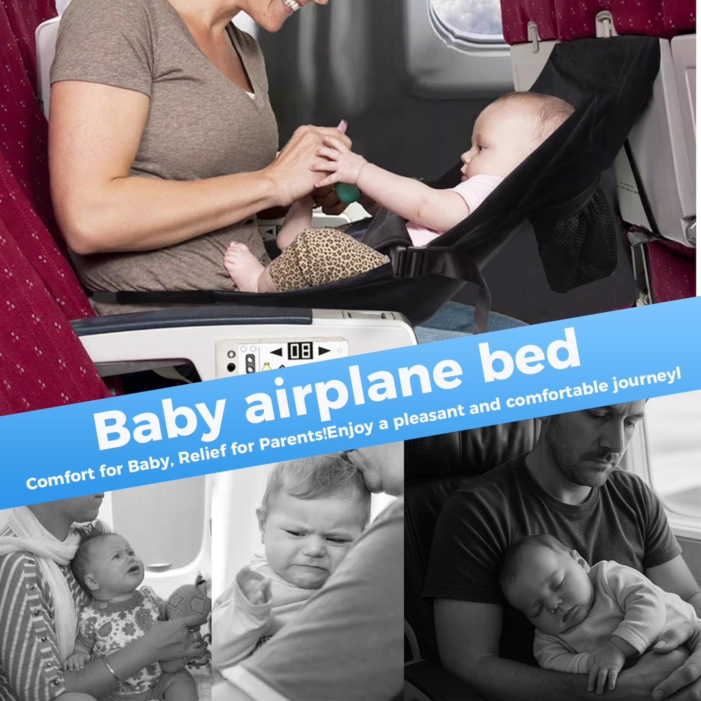 Infant Airplane Seat Extender Travel Bed | Baby on Lap Flight Bed | Foldable Soft Airplane Baby Travel Seat Extender on Lap with Neck Pillow | Fits Economy Seats | Black