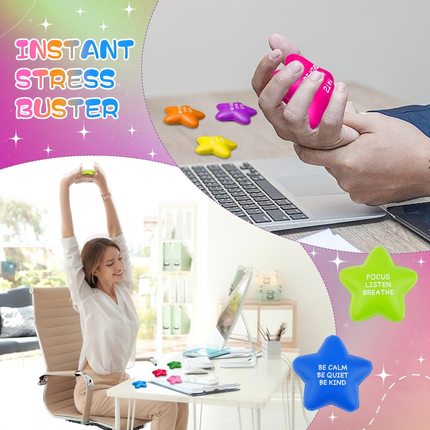 SHQDD 100PCS Bulk Star Stress Balls for Adults & Kids - Motivational Quotes Soft Foam Stress Relief Squeeze Toys, Fidget Anxiety & Anger Relief at Work/School/Home, Perfect Party Favors (Multi-Color)