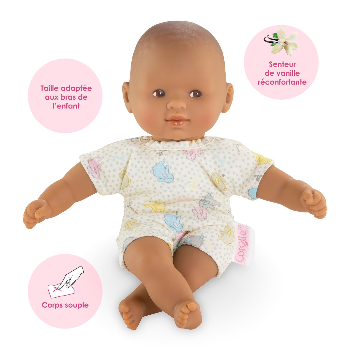 Corolle Mini Calin Bunnies Baby Doll - Small 8" Soft Body with Brown Eyes and Bunny Pattern Outfit, Vanilla-Scented, Easy to Hold - for Kids Ages 18 Months and up