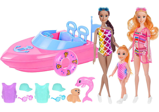 dollbie Fashion Dolls and Boat Playset - 11.5 Inch Dolls with Swimwear, Life Vests, Accessories, 5.5 Inch Doll, Pet Puppy and Dolphin Toy - Summer Beach Adventure Gift Set for Girls
