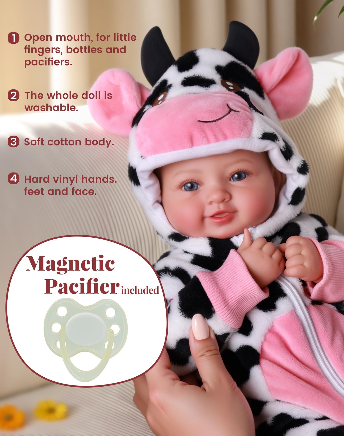 BABESIDE Baby Doll Girl - 17-Inch Soft Body Realistic Baby Doll with Blue Eyes and Cow Outfit Lightweight Real Life Baby Dolls for 3+ 4 5 6 7 8 9 Years Girl Birthday Gifts, Pretend Play and Christmas
