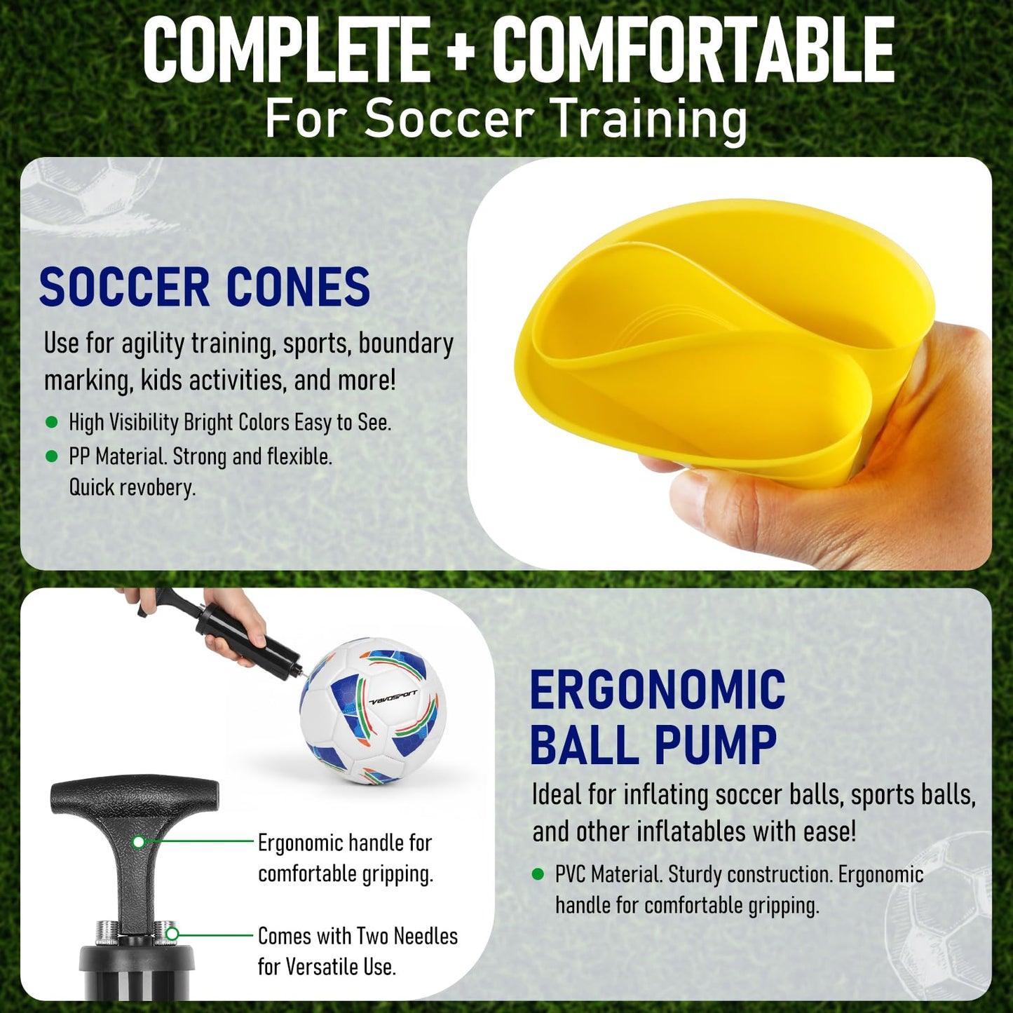 VAVOSPORT Soccer Ball Set – Official Size 3, 4, 5 Soccer Balls with Pump & 6 Cones, Waterproof TPU Leather Soccer Training Equipment, Youth & Adults, Gifts for Sports Play and Outdoor Games