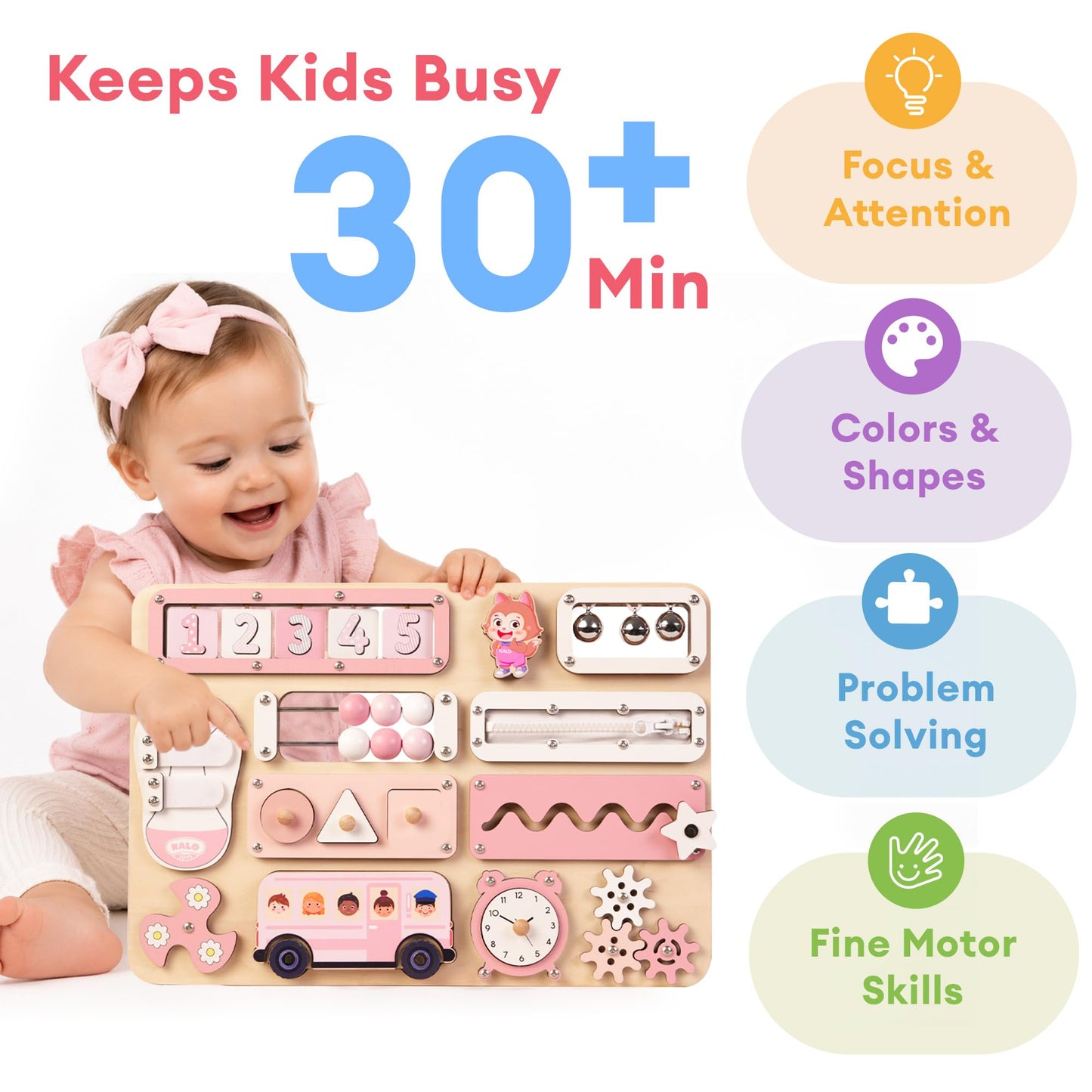 KALOTOYS Large Montessori Busy Board for Baby & Toddlers 1-3 — 17-Inch Wooden Sensory Activity Board — Fine Motor Skills & Early Learning Educational Toy for 1 2 3 Year Old, Travel Friendly & Safe