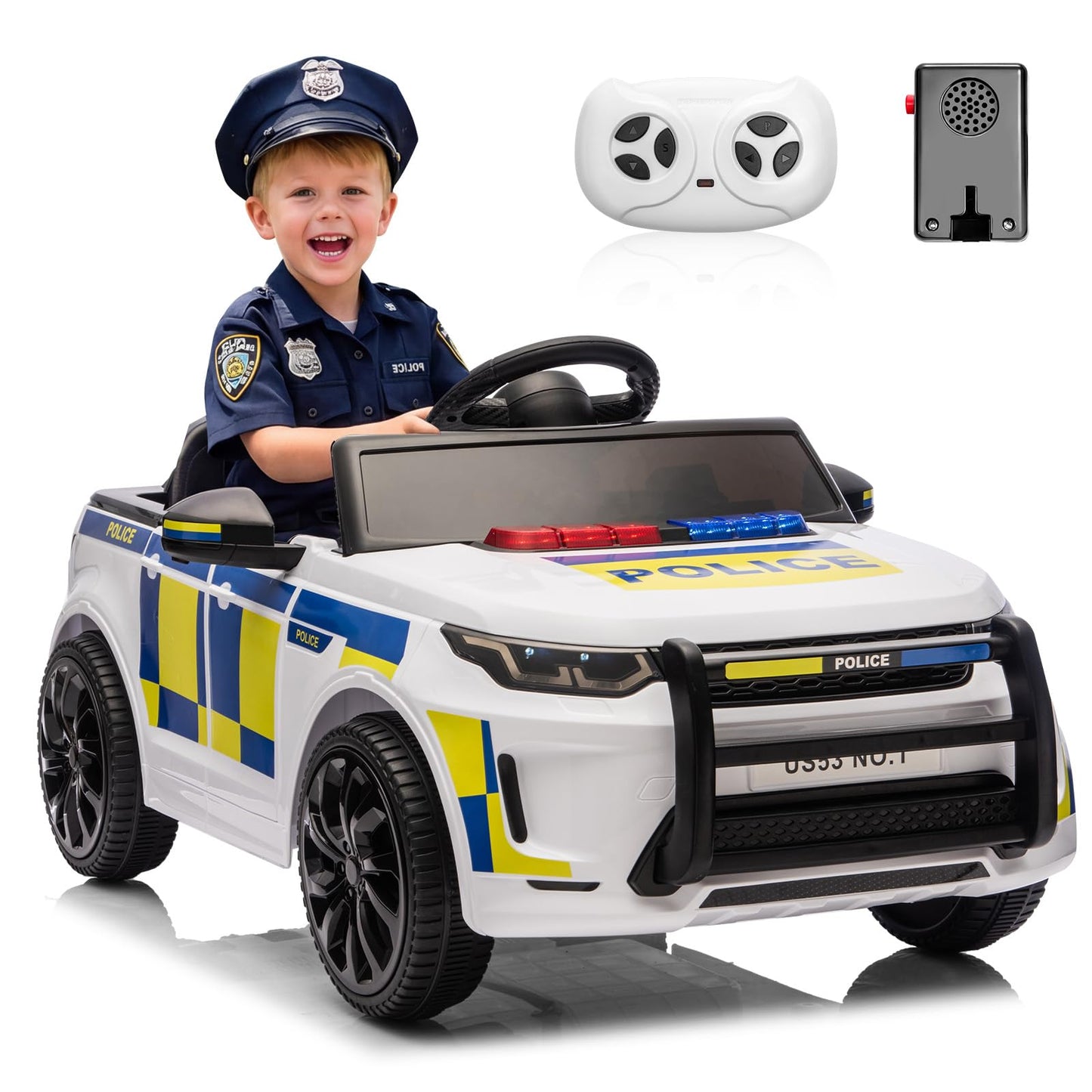 GarveeLife 12V Police Car Ride on Electric Car for Kids, Battery Powered Ride-on Toys with Remote Control, Speaker, Flashing Lights, Music, Headlights, Spring Suspension, Gift for Boy Girl 3-8, White