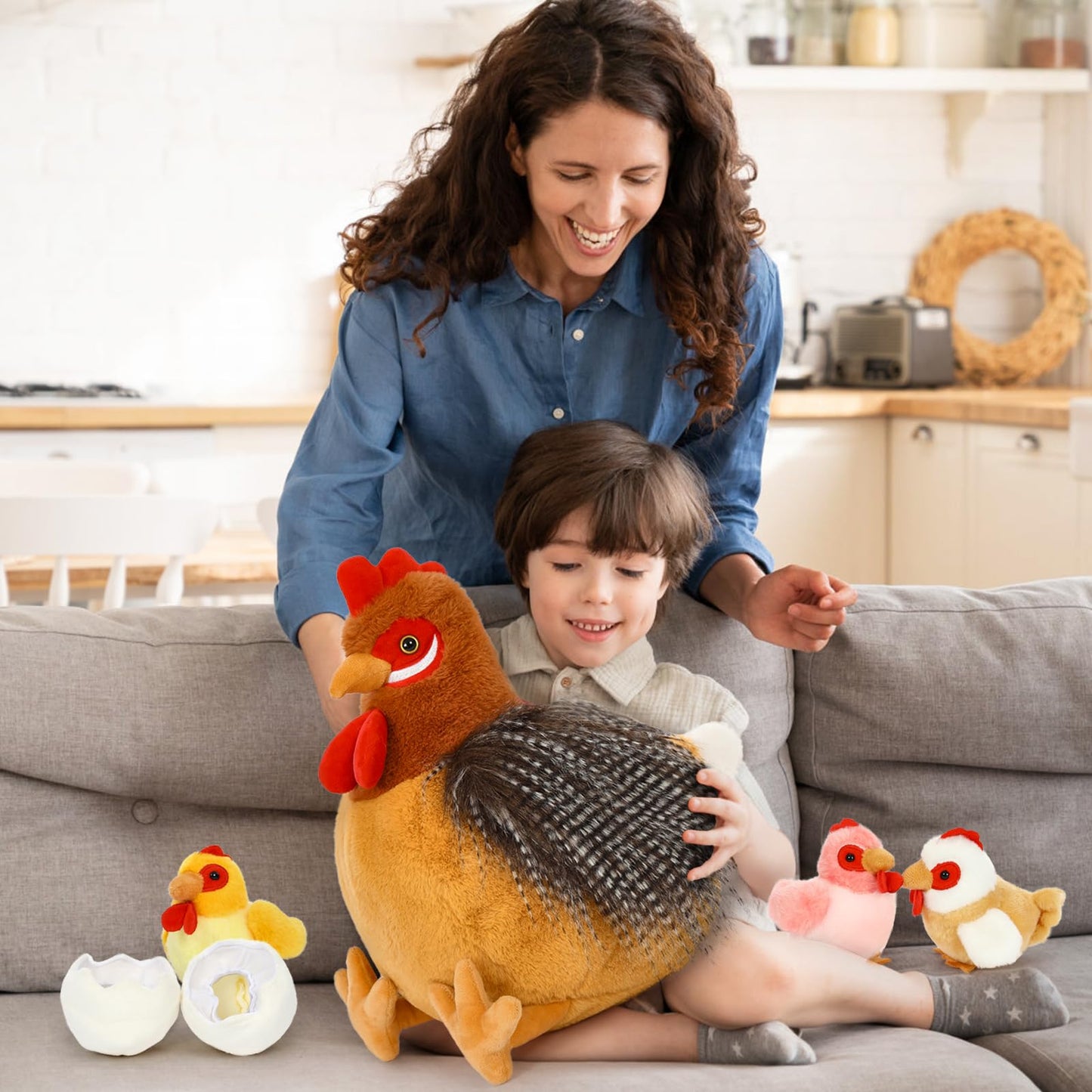 BENINY 8Pcs Chicken Stuffed Animal, Stuffed Hen with Little Baby Chicks and Coop, Rooster Plush Gifts Toys for Kids, Hit of Christmas Farm Party