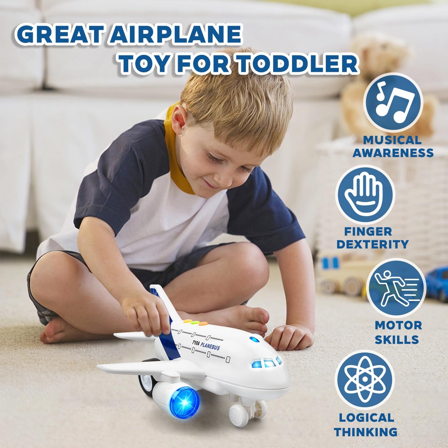 victob Airplane Toys for Toddlers – 1:200 Friction Powered Toy Plane with Flashing Lights and Sounds for Kids Boys & Girls Ages 3 4 5 6 7 8 – Christmas Birthday Party Gift, Pretend Play Vehicles