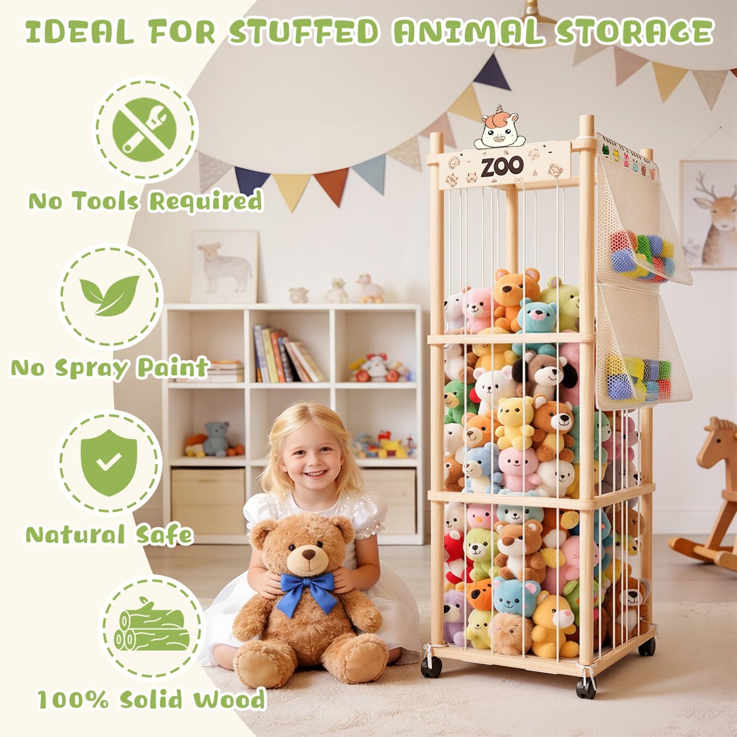 Nynicorny Stuffed Animal Storage Zoo Tower, Wooden Toy Organizer with Wheels, 56inch Large Cute Stuffy Holder & Plushie Storage Bag, Premium Wooden Material For Toddler Rooms, Playrooms & Bedrooms