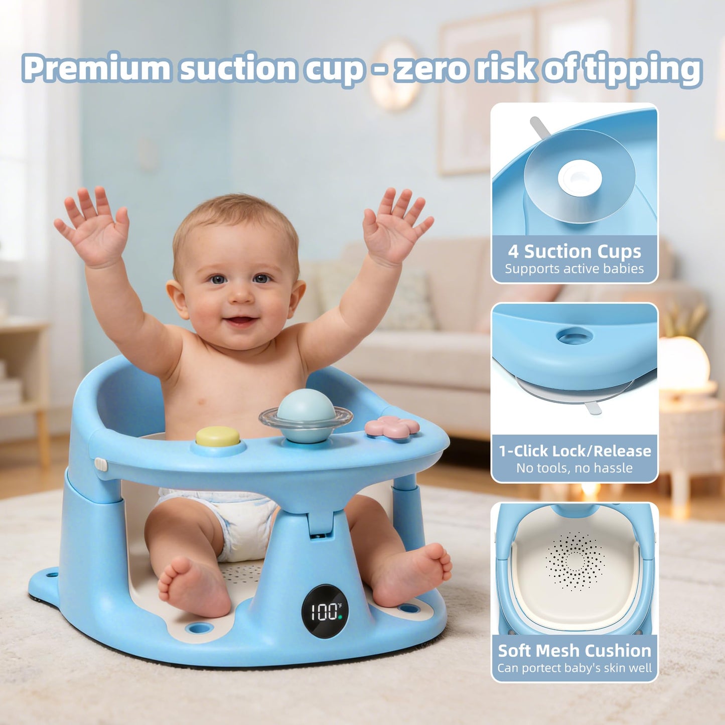 Baby Bath Seat for Babies 6 Months & up with Thermometer, Non-Slip Toddler Bath Seats for Sitting Up, Safe Infant & Newborn Bathtub Chair with 4 Suction Cups, Soft Cushion & Temperature Display, Blue