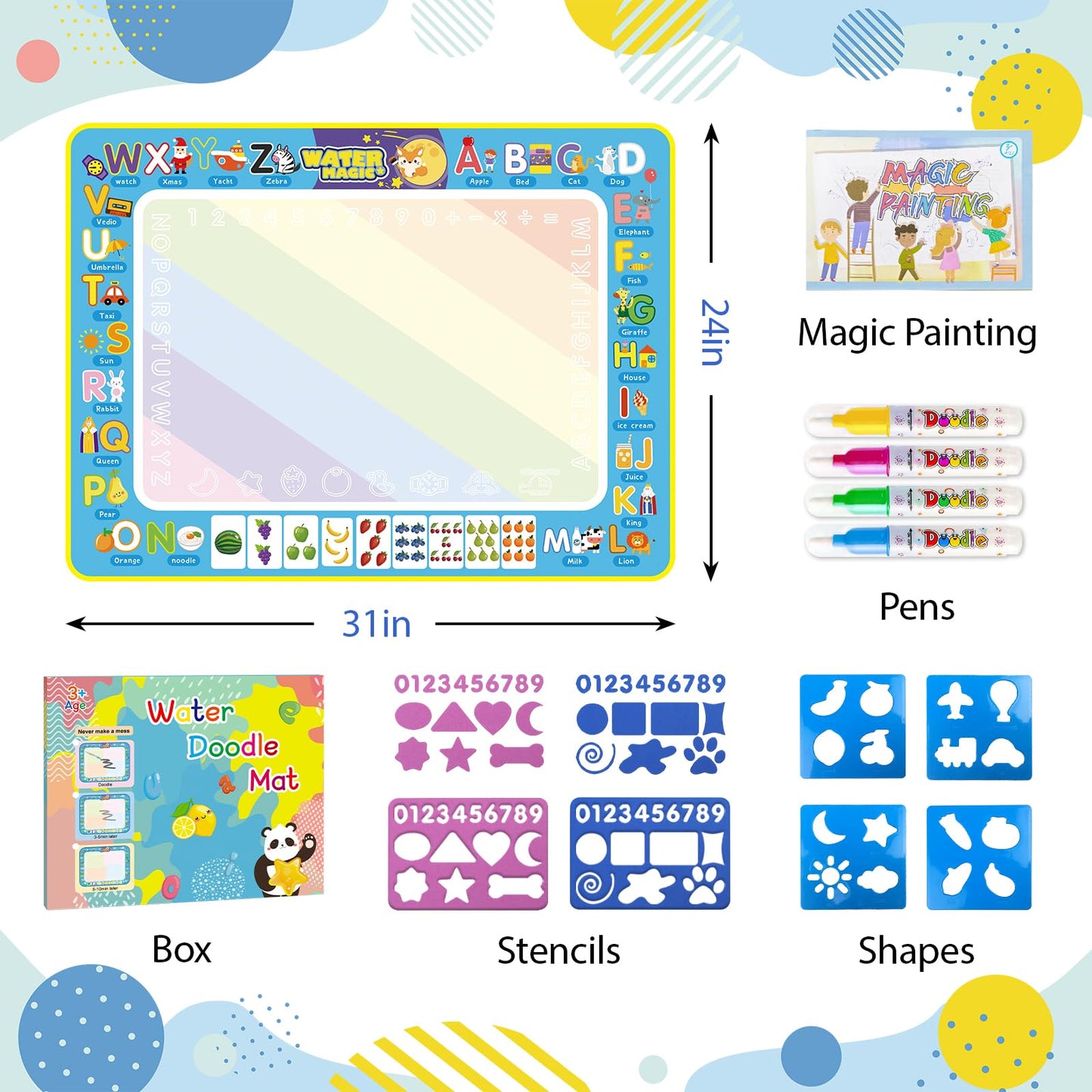 BlissfulBlend Water Doodle Mat Kids Mess Free Coloring Doodle Mat Educational Toys for 3 4 5 6 7 8 Years Old with Magic Pens Educational Toys Toddler Boys Girls Christmas Birthday Holiday Present