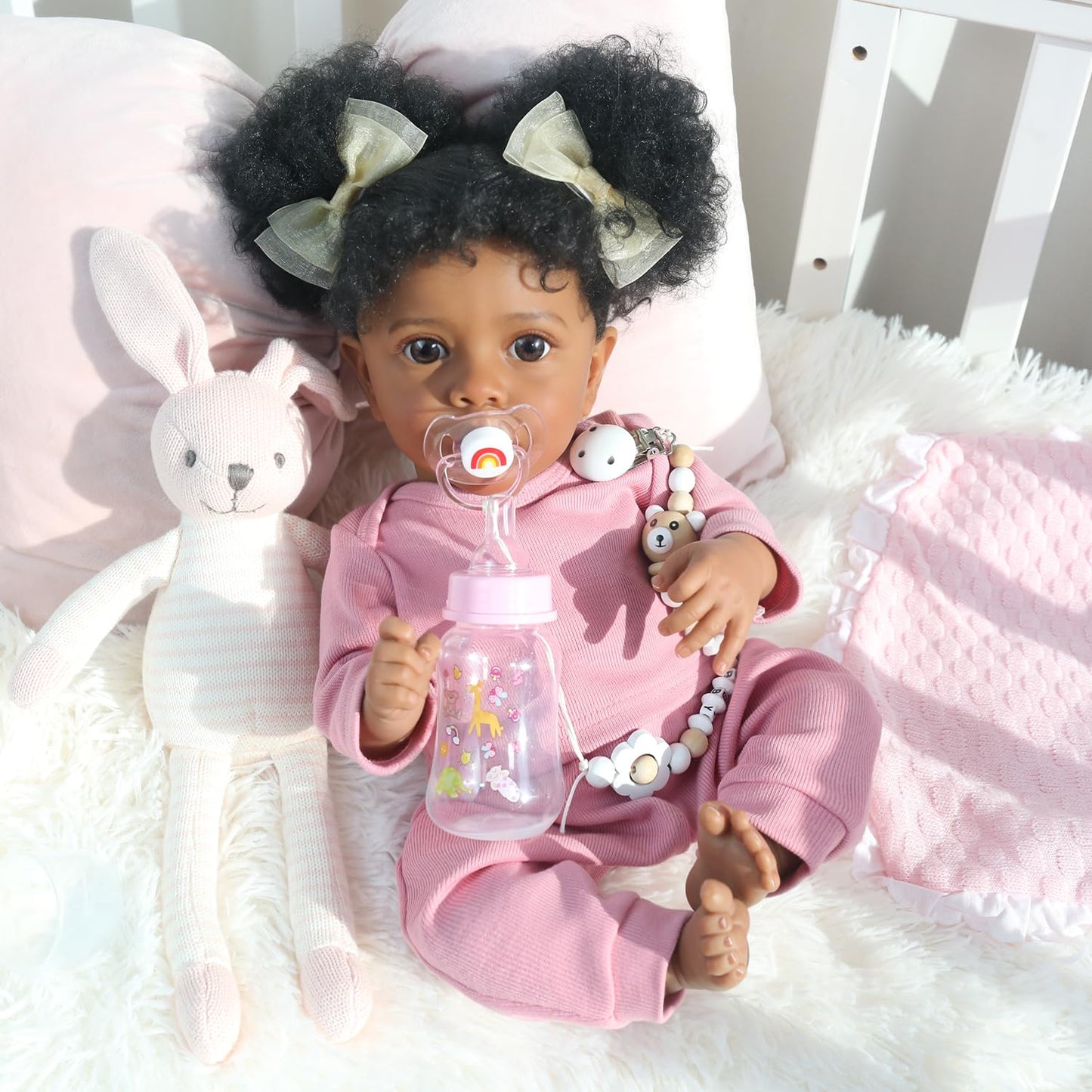WOOROY Reborn Baby Dolls Girl Black African American - 20 Inch Realistic Newborn Baby Doll in Pink Outfit, Soft Cloth Body with Full Accessories, Gift for Kids Aged 3+