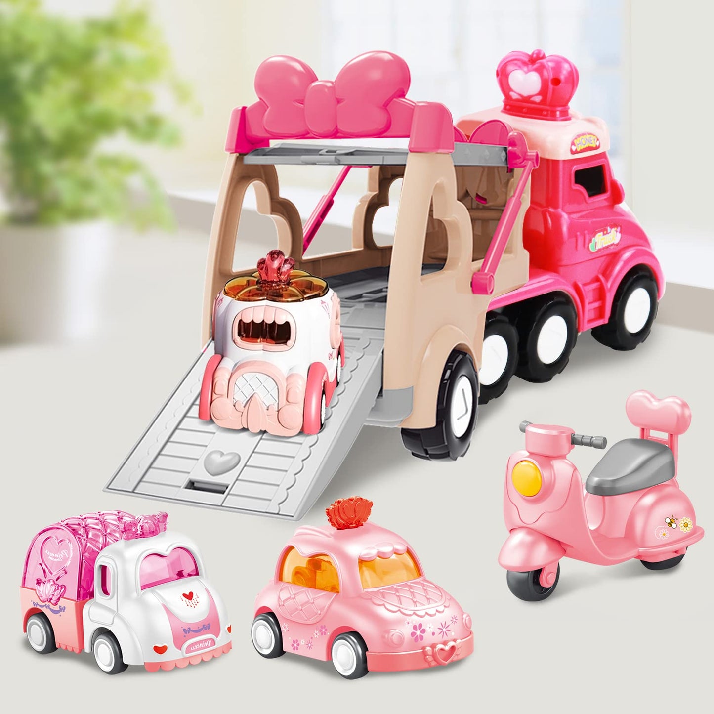 Seveclotree 9 in 1 Carrier Truck Cars Toys - Pink Princess Girl Car with Light and Sound - Toddler Toys Age 1-4