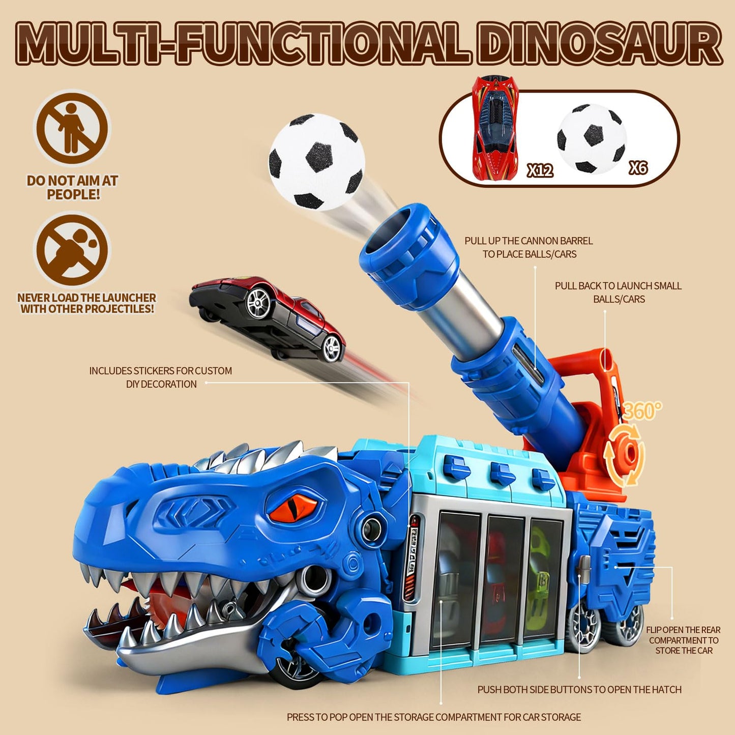 Dinosaur Truck Car Toy for Kids 3-12, Foldable Dino Truck Toys with 10 Mini Carts, 12 Soft EVA Balls, Tyrannosaurus Rex Playset for Boys, Ejection Shooting Game Play, Birthday Gifts for Kid 3 4 5 6