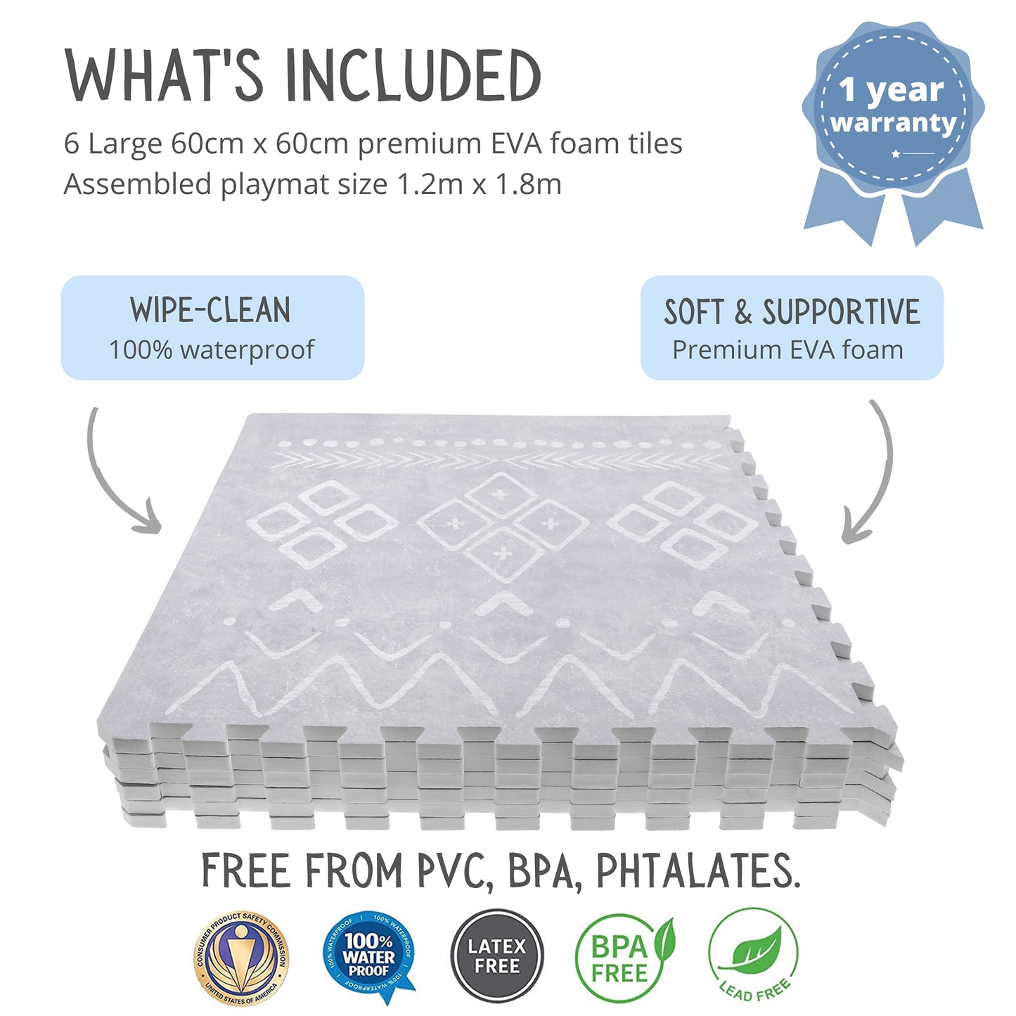 Lillefolk Baby Play Mat for Floor – 4x6ft Gray | Soft Non Toxic Premium EVA Foam Tiles for Tummy Time, Crawling & Playroom – Waterproof Interlocking Floor Mat for Babies & Toddlers (6 Tiles)