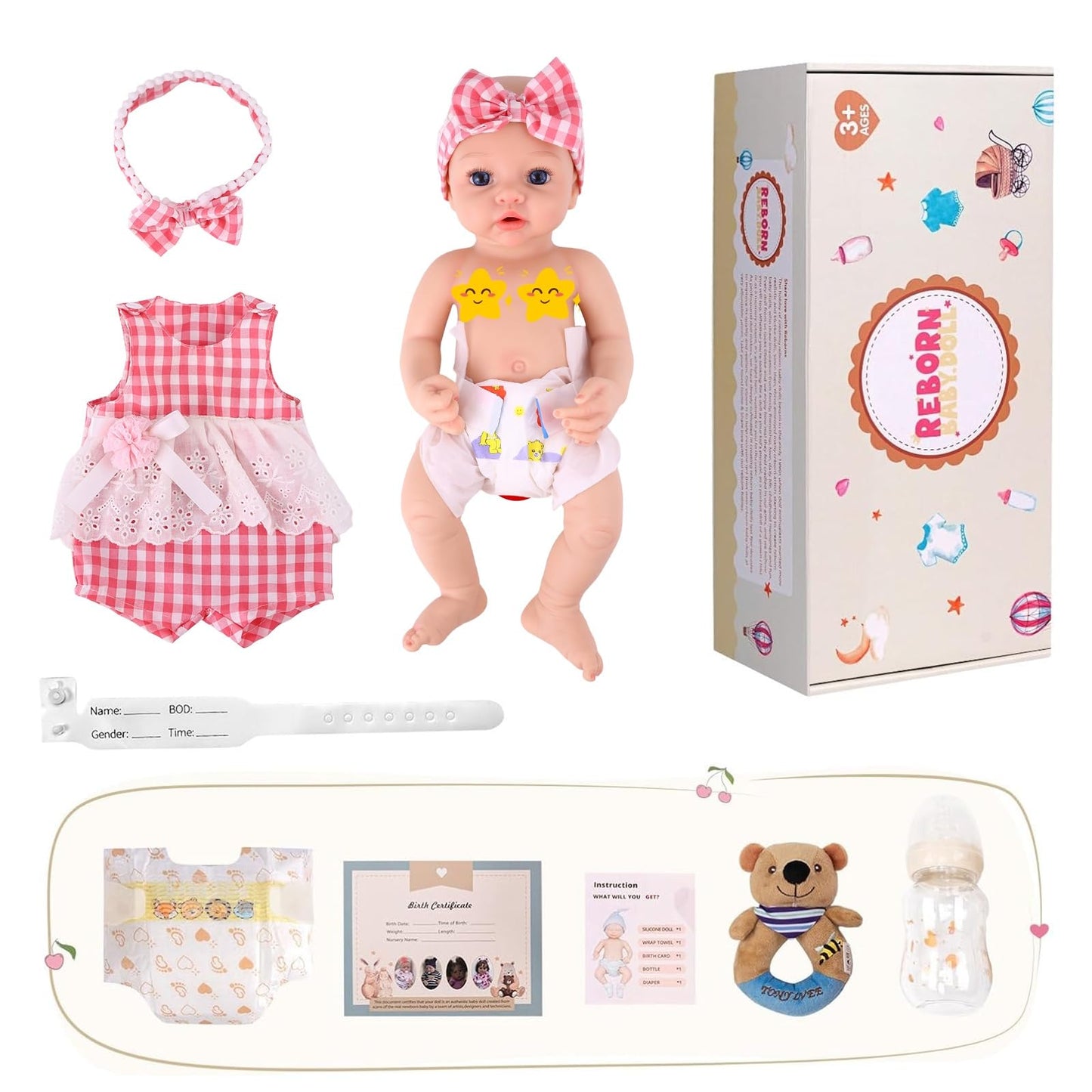 BABESIDE 16 Inch Silicone Baby Doll Realistic Newborn Girl Reborn Doll with Pink Gingham Outfit, Full Body Platinum Silicone Lifelike Baby Gift for Kids 3+ & Collectors