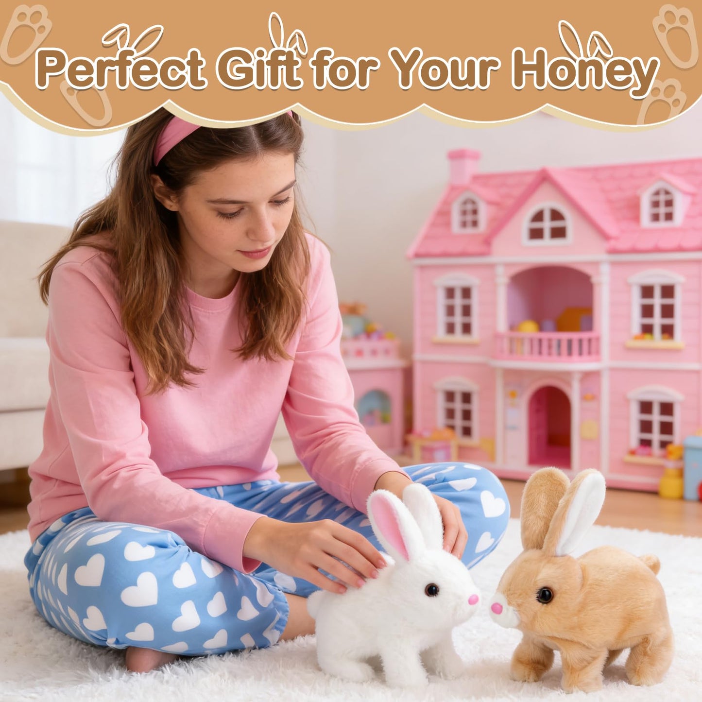 Hopping Bunny Toy, Easter Bunny Stuffed Animal Interactive Electronic Plush with Sounds and Movements, Animated Walking Wiggle Ears Twitch Nose, Easter Gifts for Kids Toddlers Boys Girls (brown)