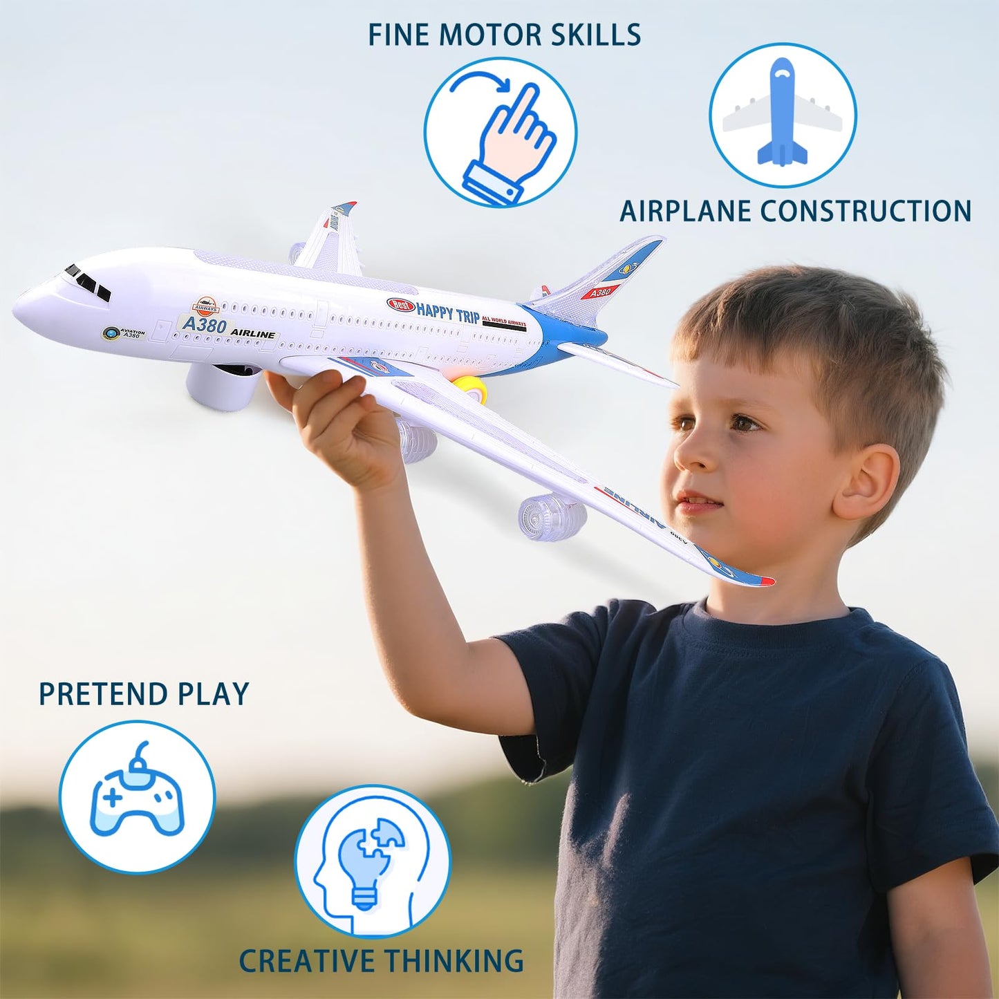 AtomDream Tech Bump and Go Airplane Toy – Realistic Airplane Model with 4D Lights & Sound – Moving Plane Toy for Kids Ages 3-12 – Automatic Direction Change on Collision – Great Gift for Kids(Blue)