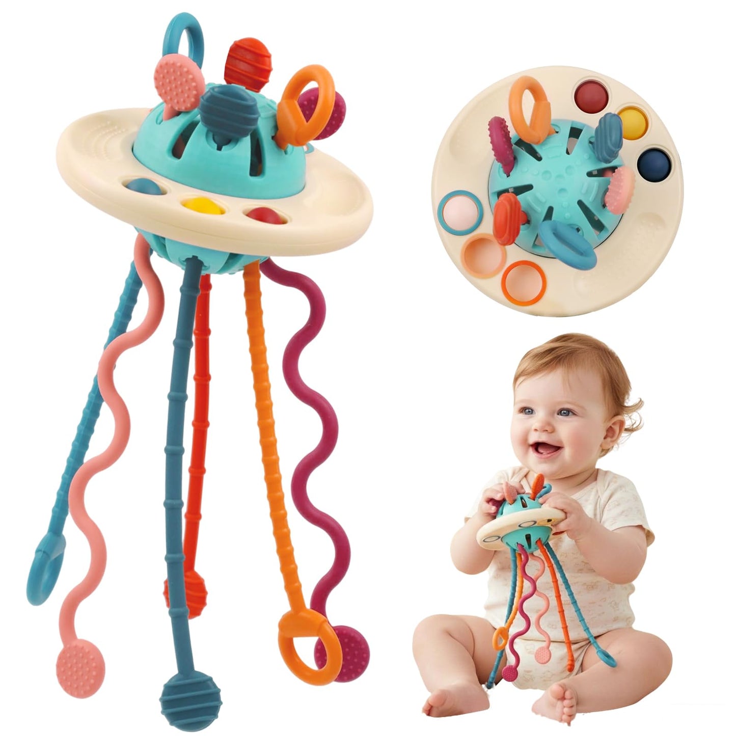 Fyxttalor Baby Toy for 12M+, Montessori Sensory Toy Play Set for Toddlers, UFO Pull String Toy in Stollers Educational Toy for Development Fine Motor Skills Gift for Boys& Girls