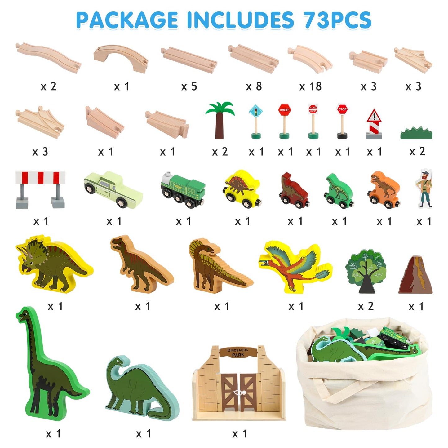 Canuan Wooden Train Set, Dinosaur Toys for Kids 3-5, Compatible with Major Brands, STEM Railway Playset, Ideal Wooden Train Track Set for 3 4 5 6 7 8 Year Old Kids Boy Girl