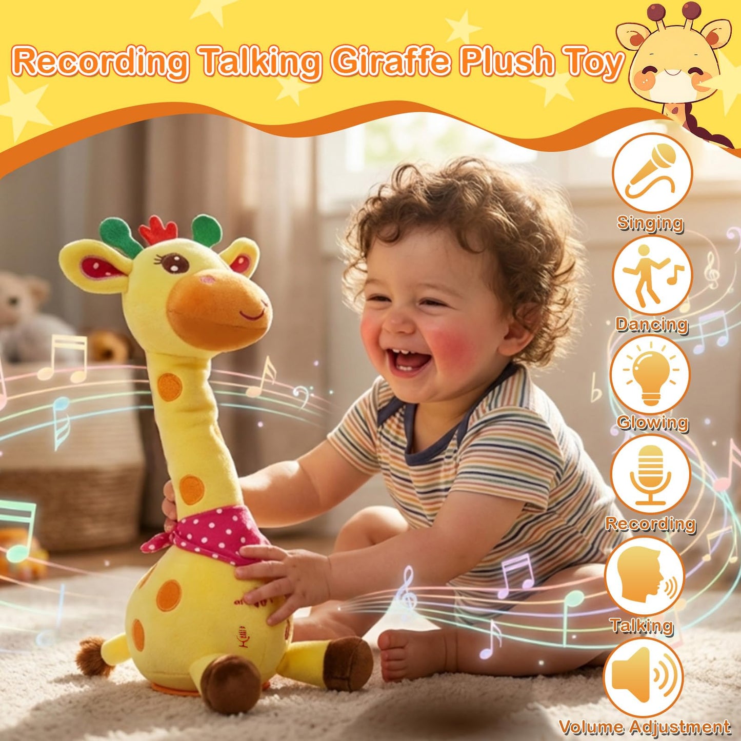 Hunfur Talking Dancing Giraffe Baby Toys for 3-18 Months, Singing Recording Repeats What You Say with Glowing Light, Funny Gift for Toddlers 1-3 Year Old, Boys Girls Tummy Time Toys