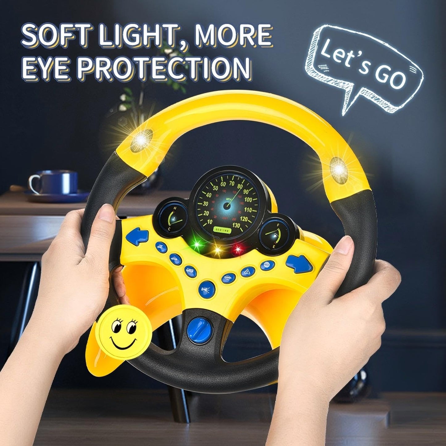 YIYZAOF Kids Steering Wheel Toy for Car Backseat with Light and Music,Suction Cups Base-Interactive Simulated Driving Toy Steering Wheel for Kids Boys Girls,Yellow