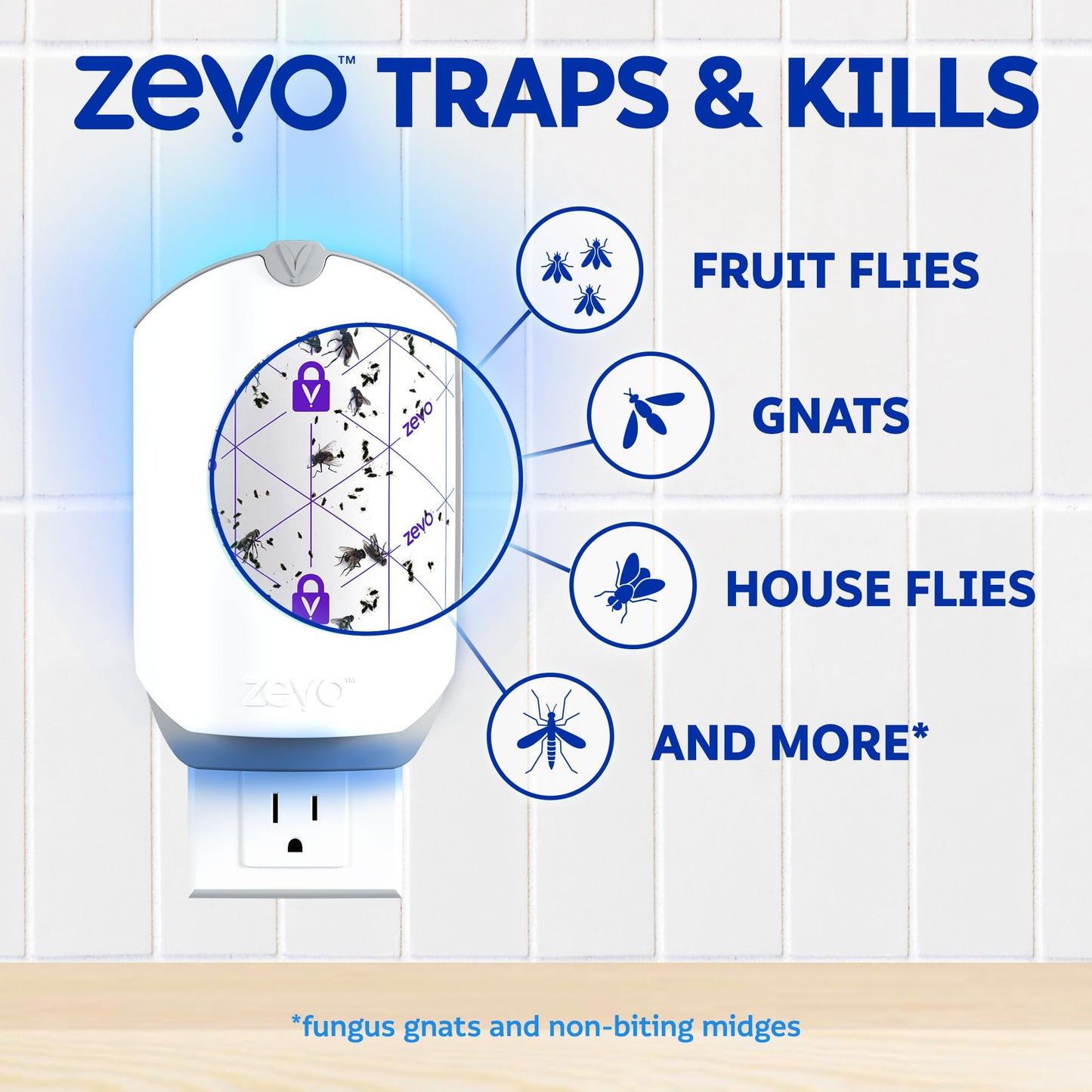 Zevo 4 Flying Insect Traps & 4 Cartridges - Plug In Fly Trap & Indoor Bug Catcher for Gnats, House & Fruit Flies - Mess-Free - Use in Any Room - Uses Blue & UV Light (4 Plug In Devices & 4 Cartridges)