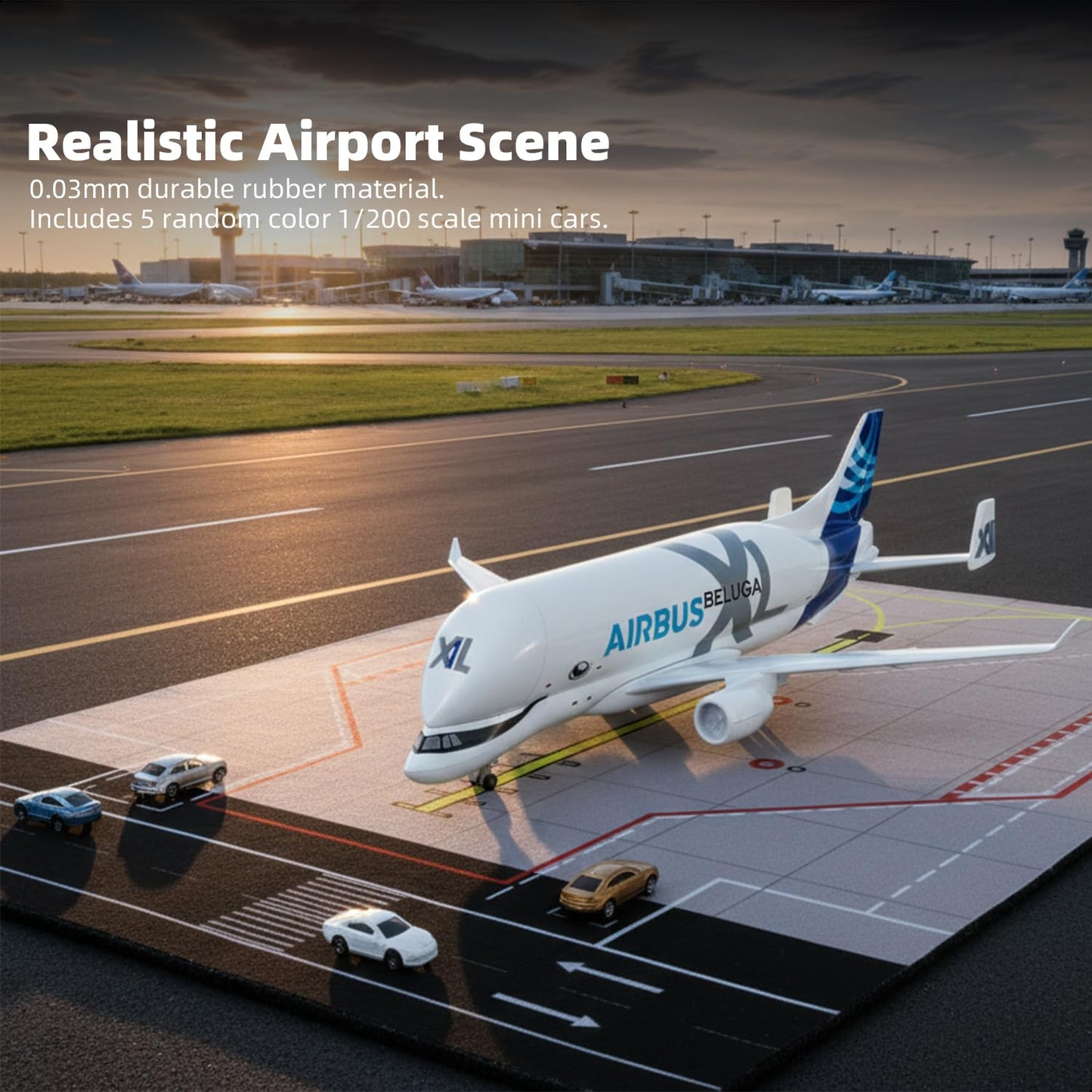 QIYUMOKE 1/300 Compatible for Beluga XL Airplane Model with Rubber Airport Mat and 5 Cars, Airbus A330 Diecast Metal Airplane Model Kits for Adult Display Decorations (Mat: 25×35 cm)