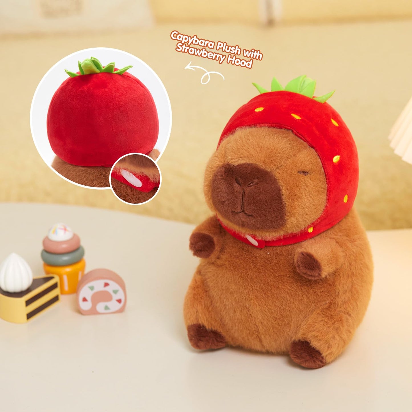 Athionsu 9’’ Capybara Plush with Strawberry Hood Cute Kawaii Soft Stuffed Animal Toy Cozy Plush Pillow for Toddler Kids Boys Girls
