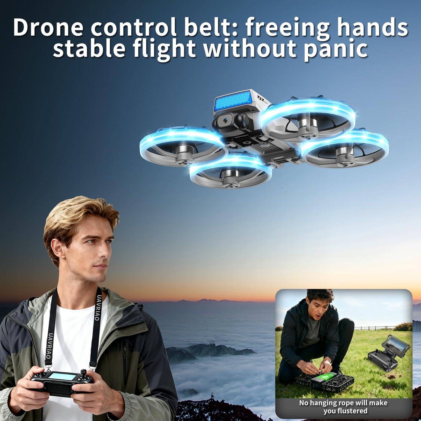 UAVRIAO Foldable RC Drone with 1K HD Camera, Upgraded Foldable Remote with Detachable Lanyard, 2 Batteries & Carry Case - Safe Propeller Guard, 3D Flips, One-Key Takeoff/Landing, Ideal Gift for Beginners and Adults