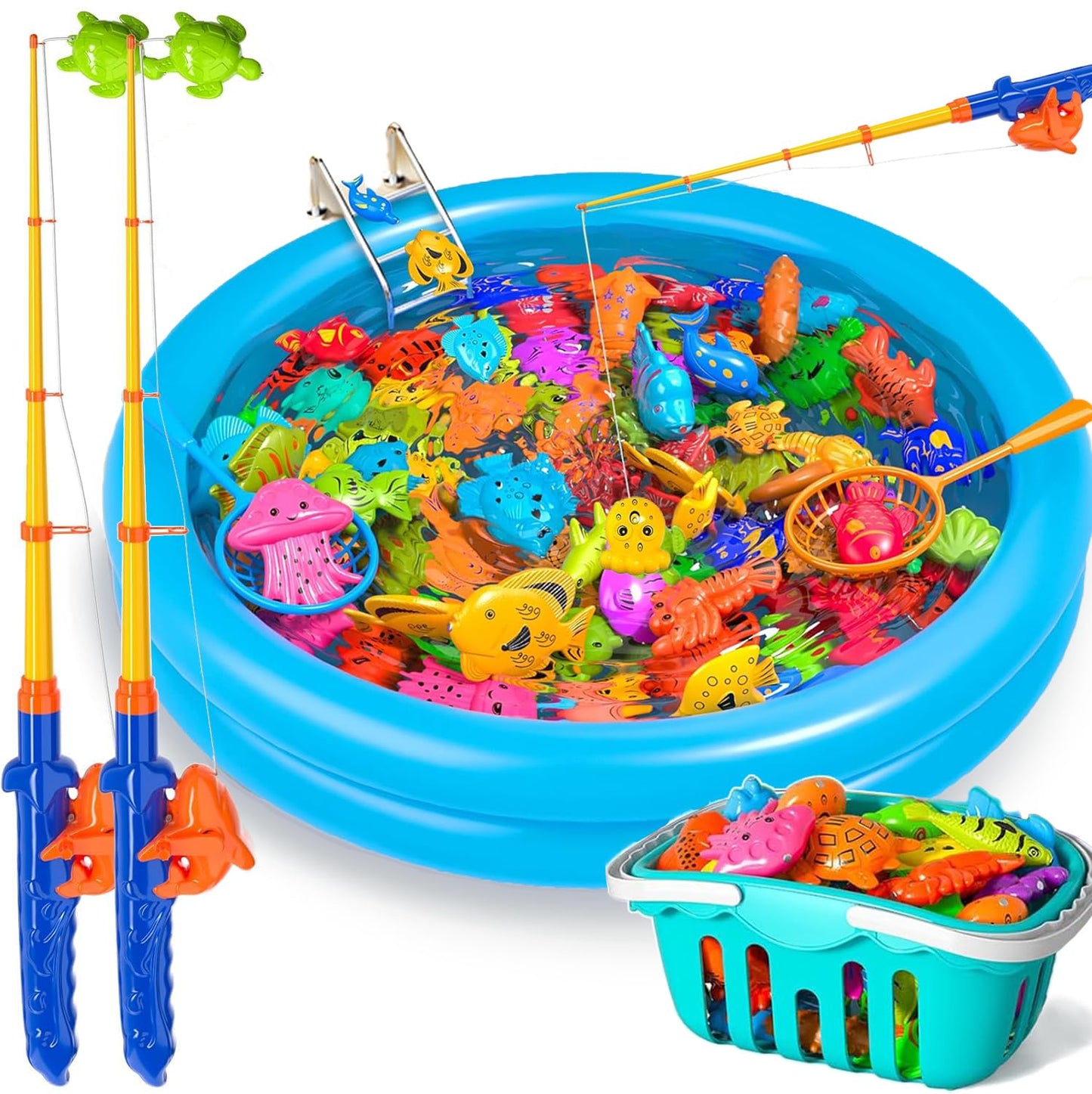 Doloowee Magnetic Fishing Game Bath Pool Toys for Toddlers 3-5,48pcs Fishing Toys Game Floating Fish Magnet Pole Rod Net Education Teaching and Learning for Kids Age 3-6 4-8