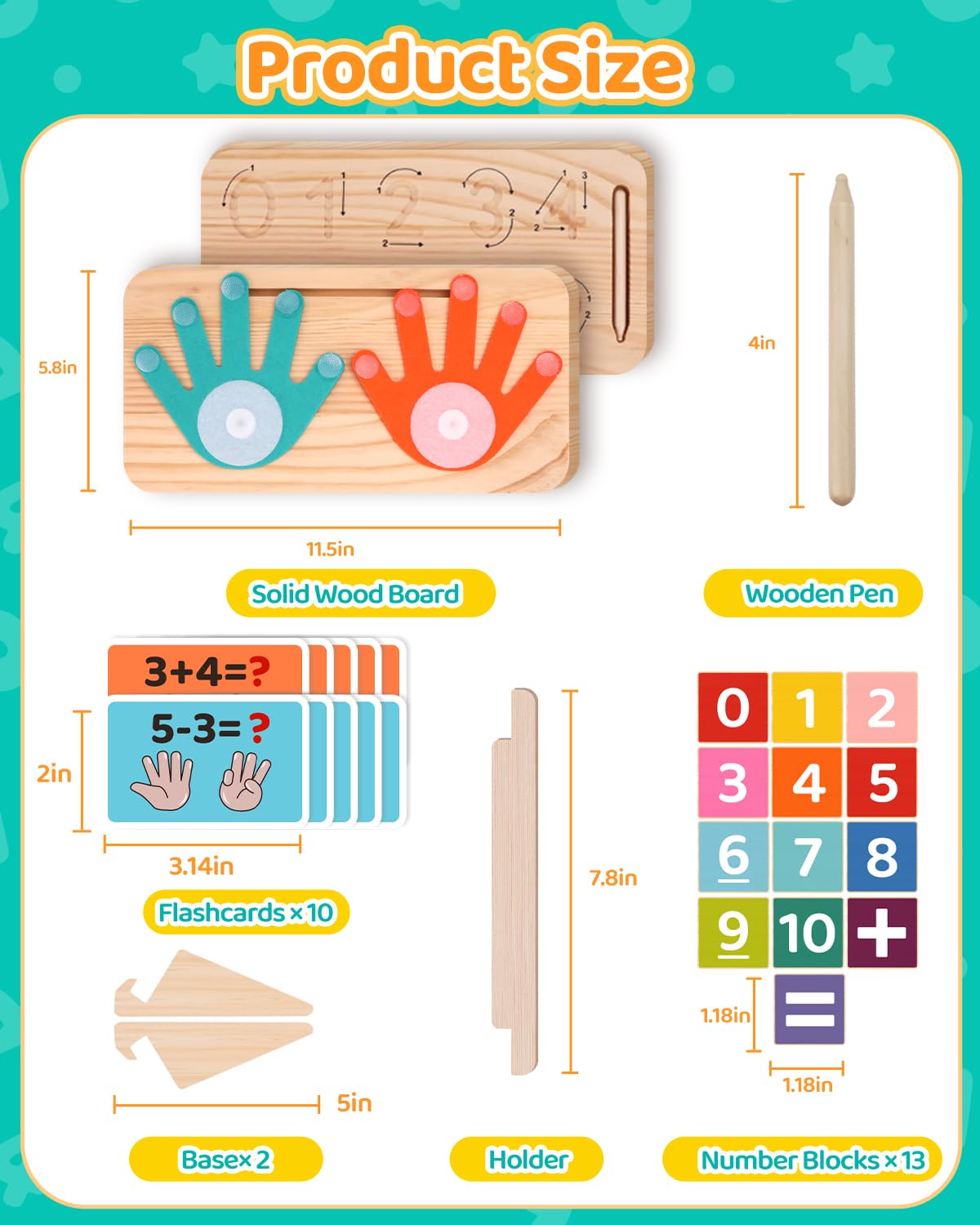 Montessori Learning Toys for Toddlers 2-4, Double-Sided Finger Counting & Number Tracing Board, Number Blocks,Solid Pine Wood Educational Math Toy for Kids Boys Girls Ages 3 4 5 Year Old Birthday Gift