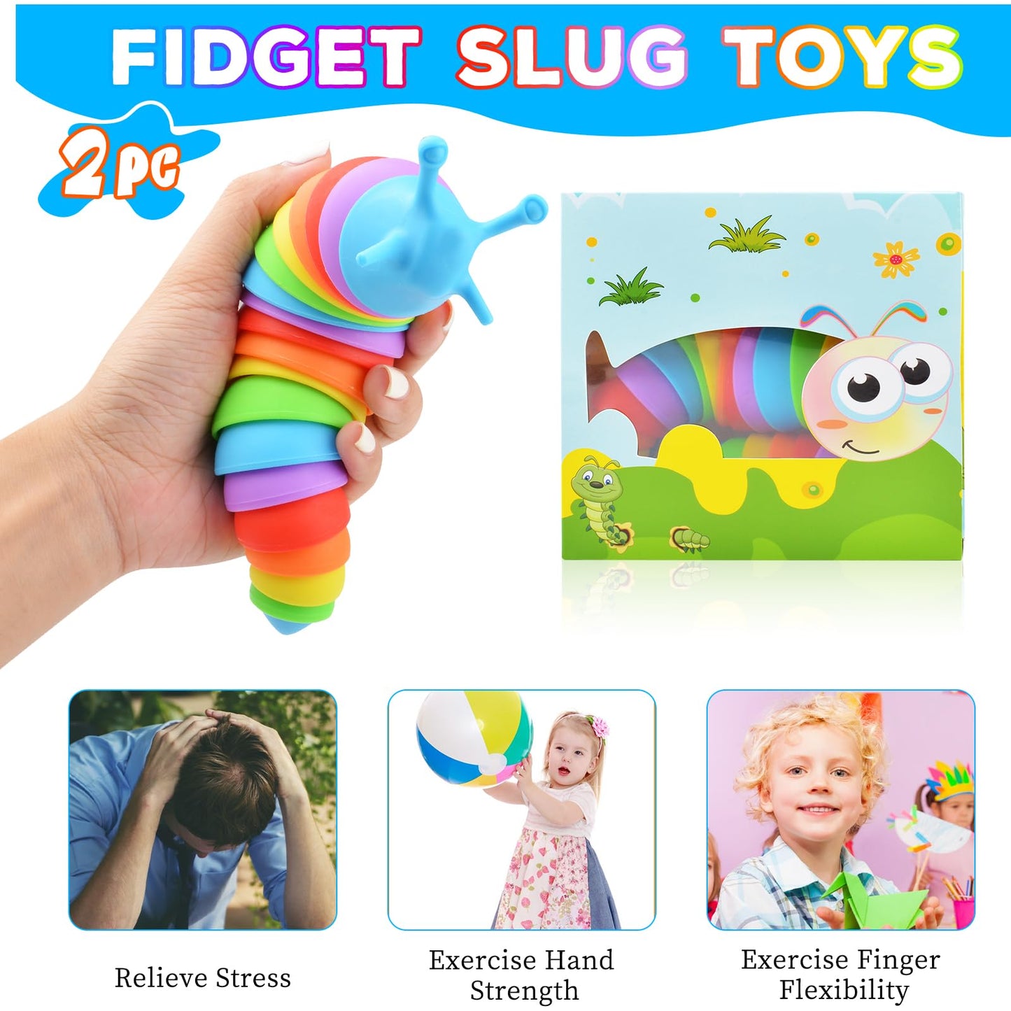Cevioce Fidget Slug Toy, Sensory Slug Fidget Toy for Kids & Adults, 2 PCS Cute 3D Articulated Sensory Toys - Can Be Spliced, Safe｜Exercise Wrist Strength & Stress Relief, Great Gift for ADHD Autism A