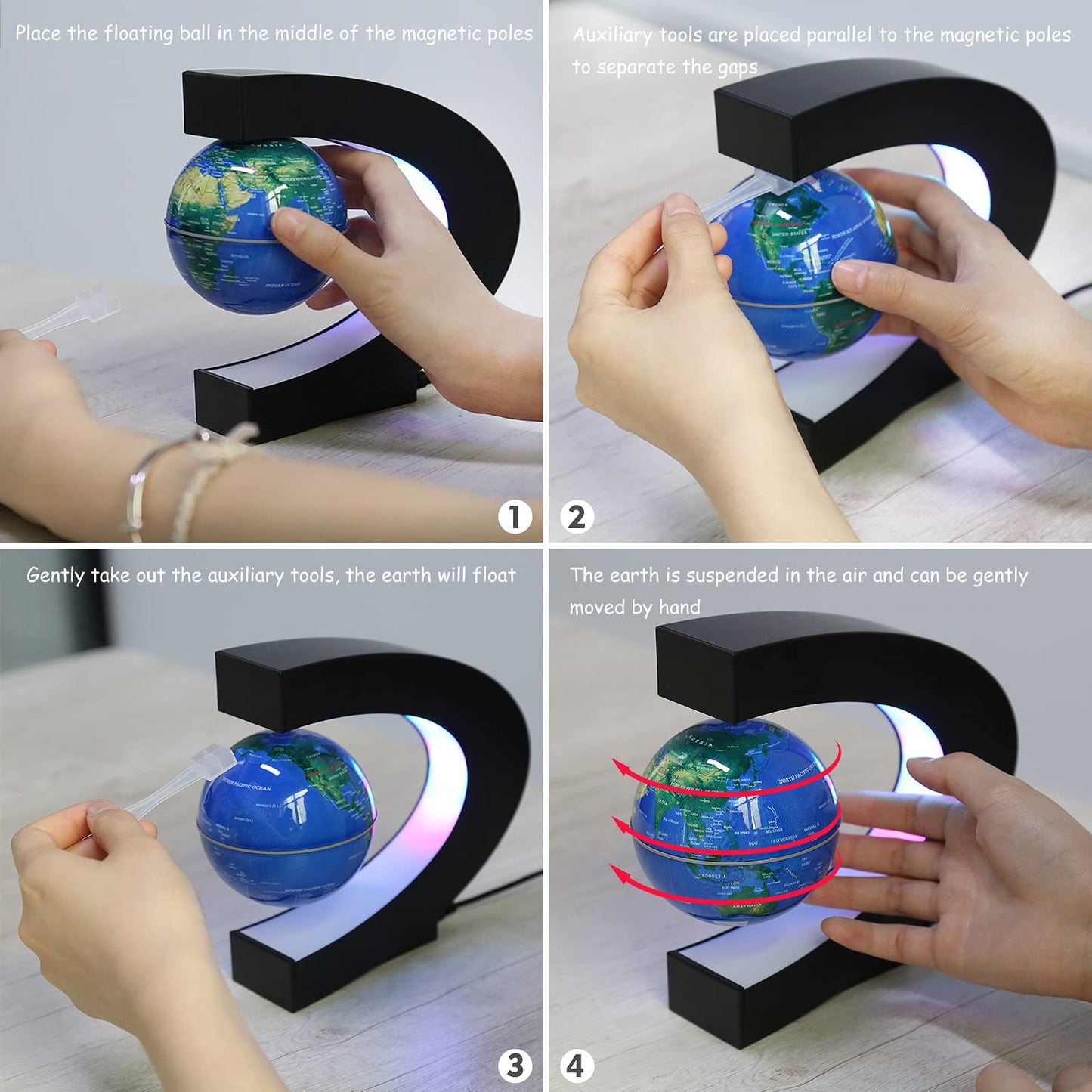 REHAVE Novelty Gifts for Kids, Boys, Girls, Birthday Gift for Men, Gifts for Boss, Boyfriend, Graduation Gift for Him, Magnetic Levitation Floating World Map Globe with C Shape Base, With LED Lights