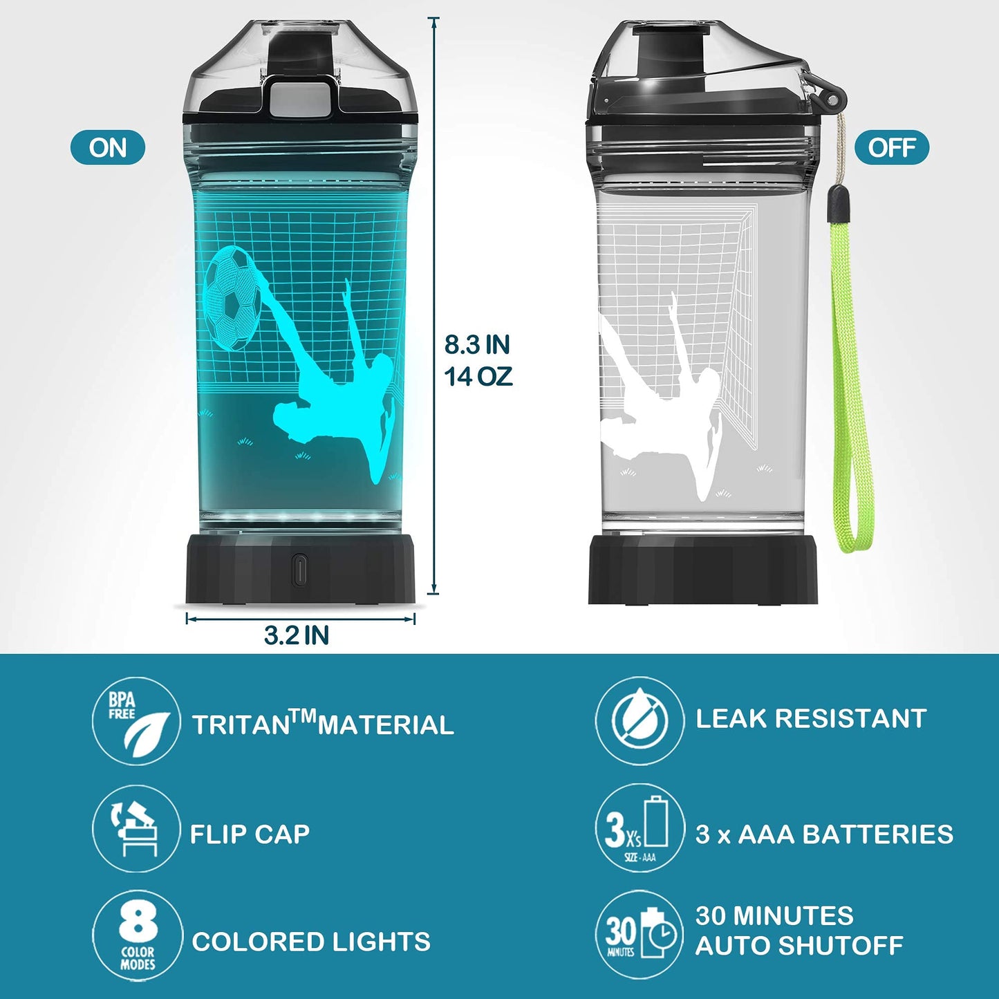 YuanDian Soccer Gifts, Light Up Kids Water Bottle with 3D Soccer Illusion Lamp- 14 OZ Tritan BPA Free - Cool Drinking Cups Gift for School Kids Boy Child Sport Lovers