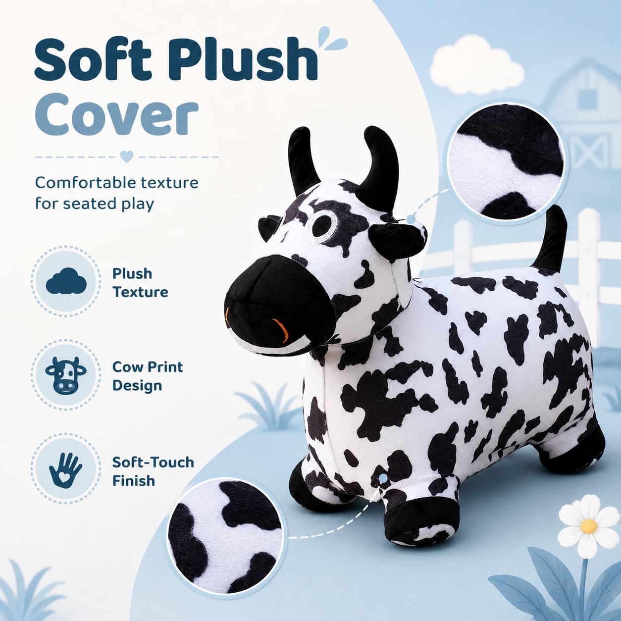 THXKNJ Hoppity Cow Inflatable Hopper with Pump, Plush-Covered Bouncy Animal Ride on Bouncer for Toddlers & Kids, Jumping Cow Hopping Toy Birthday Gift for Boys Girls 18 Months to 6 Years Old