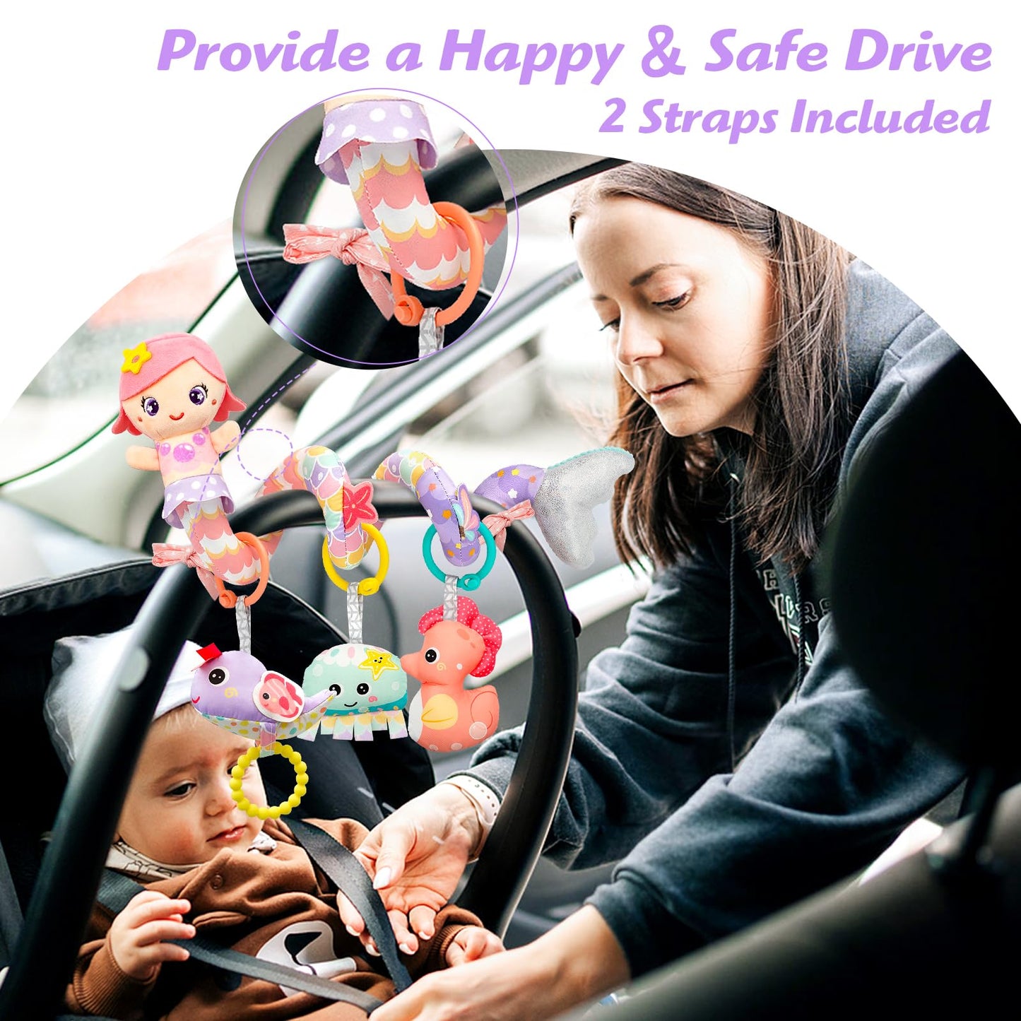 Car Seat Toys for Babies 0-6 Months Boy Girl Carseat Toys Hanging Spiral Stroller Toy, Infant Toy 0-6 Months Baby Newborn 0 3 Month Brain Development with Music Teether Rattle