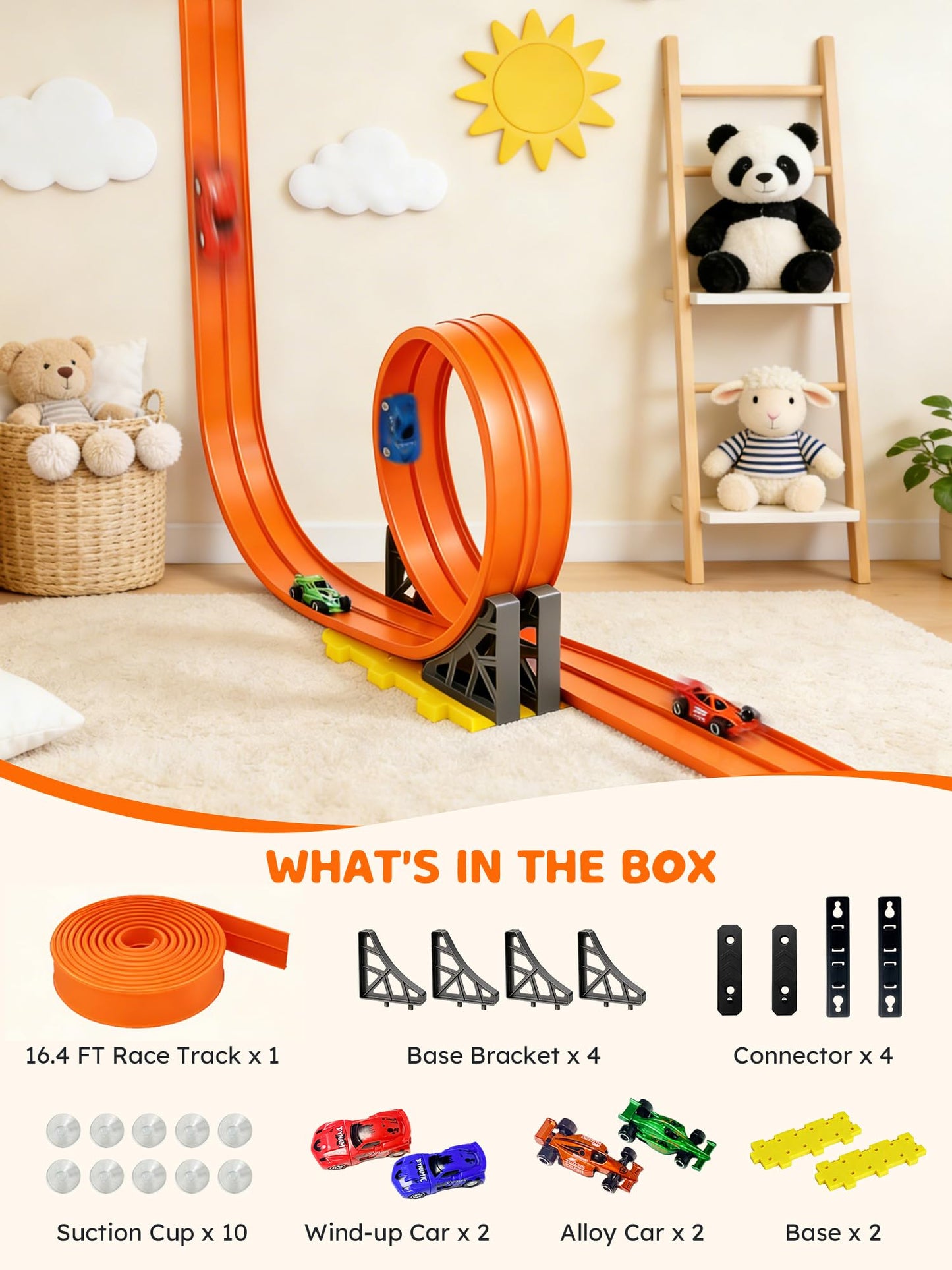 Innovakids Flexible Race Track for Kids - 16.4 Ft Portable Rolls Up Circular Track with Bracket 4 Racing Cars Suction Cup, 3+ Years Car Ramp Kid Toy Compatible with Normal Diecast 1/64th Cars (Orange)