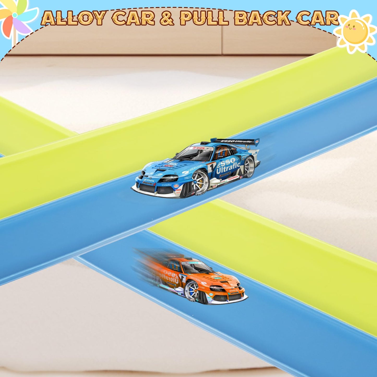 Flex Tracks 15 Ft for Kids Starter Set, Flexible Race Car Ramp Track with Suction Cups Compatible with Diecast 1/64th Cars for Ages 3 & Up (Green & Blue)