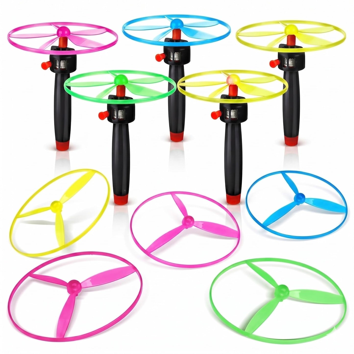 JOINPAYA Flying Disc Launcher Toy - Pull String Flying Disc Set 5 String Launchers and 10 Flying Saucer Disk Launcher, Disk Helicopter for Kids Party Favors and Outdoor Activities