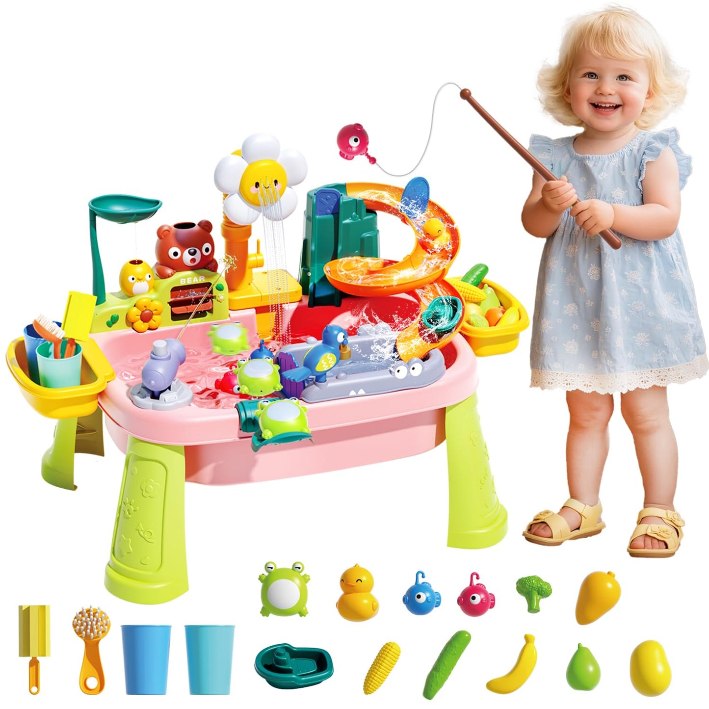 Water Table for Toddlers 1-3, Water Toys for Kids Ages 4-8, Play Sink with Electric Pump Kitchen Play Food Fishing Game, Summer Outdoor Toys Sand Activity Sensory Playset Girls Boys, Pink