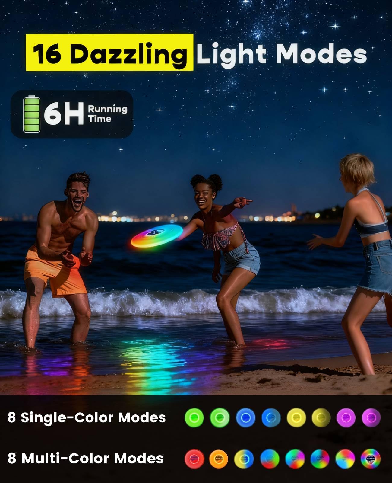Xeuch Light Up Flying Disc 2 Pack, 175g, 16 Lighting Modes, 4 Brightness, 600mAh Rechargeable Battery, Built-in Timer and Sensor for Beach Camping Outdoor Games, Gift for Kids/Teens/Adults