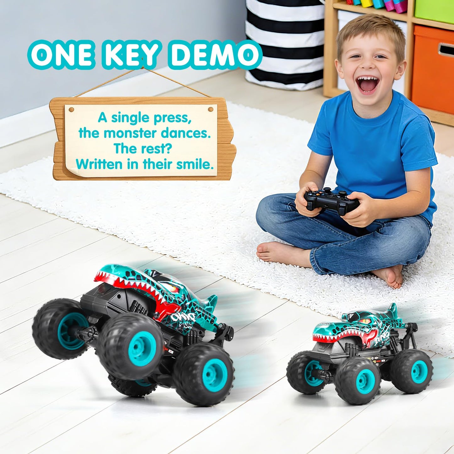 DYODYORC Remote Control Car, 2.4Ghz All Terrain Dinosaur Monster Truck Toys, RC Truck with Music, 3 Lighting Effects, 360 Stunt Capable, 2 Batteries Ready to Run, Toy Gifts for Boys and Girls (Cyan)